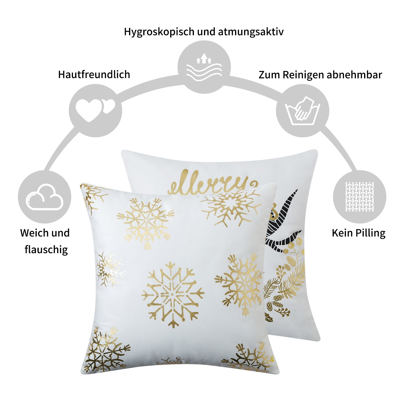 Garvee - Set di 4 copricuscini natalizi in velluto, 45x45 cm, con ghirlande dorate e fiocchi di neve, stampati con lettere, per divano letto, colore oro