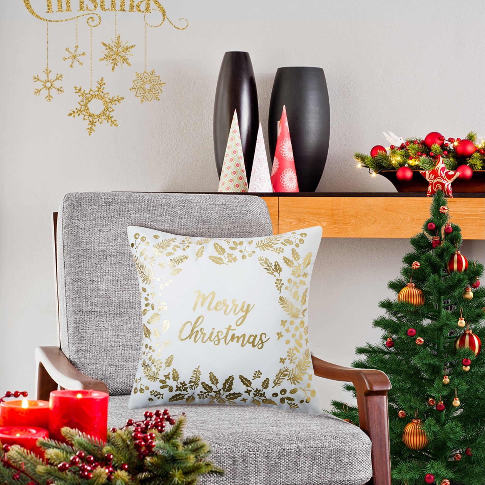 Garvee - Set di 4 copricuscini natalizi in velluto, 45x45 cm, con ghirlande dorate e fiocchi di neve, stampati con lettere, per divano letto, colore oro