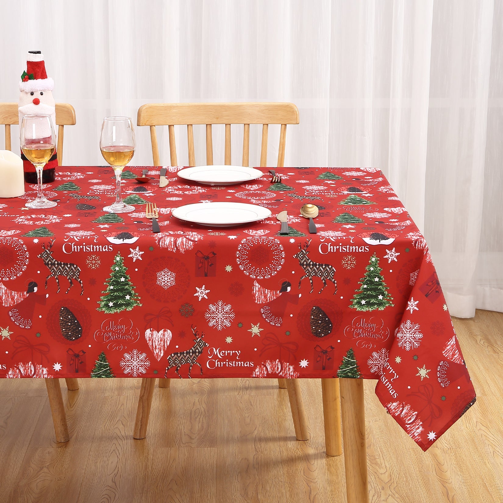 Tovaglia natalizia Garvee in poliestere 52x79 cm, lavabile e anti-goccia, con albero di Natale, fiocchi di neve, renne, tovaglia rettangolare per feste, per interni ed esterni