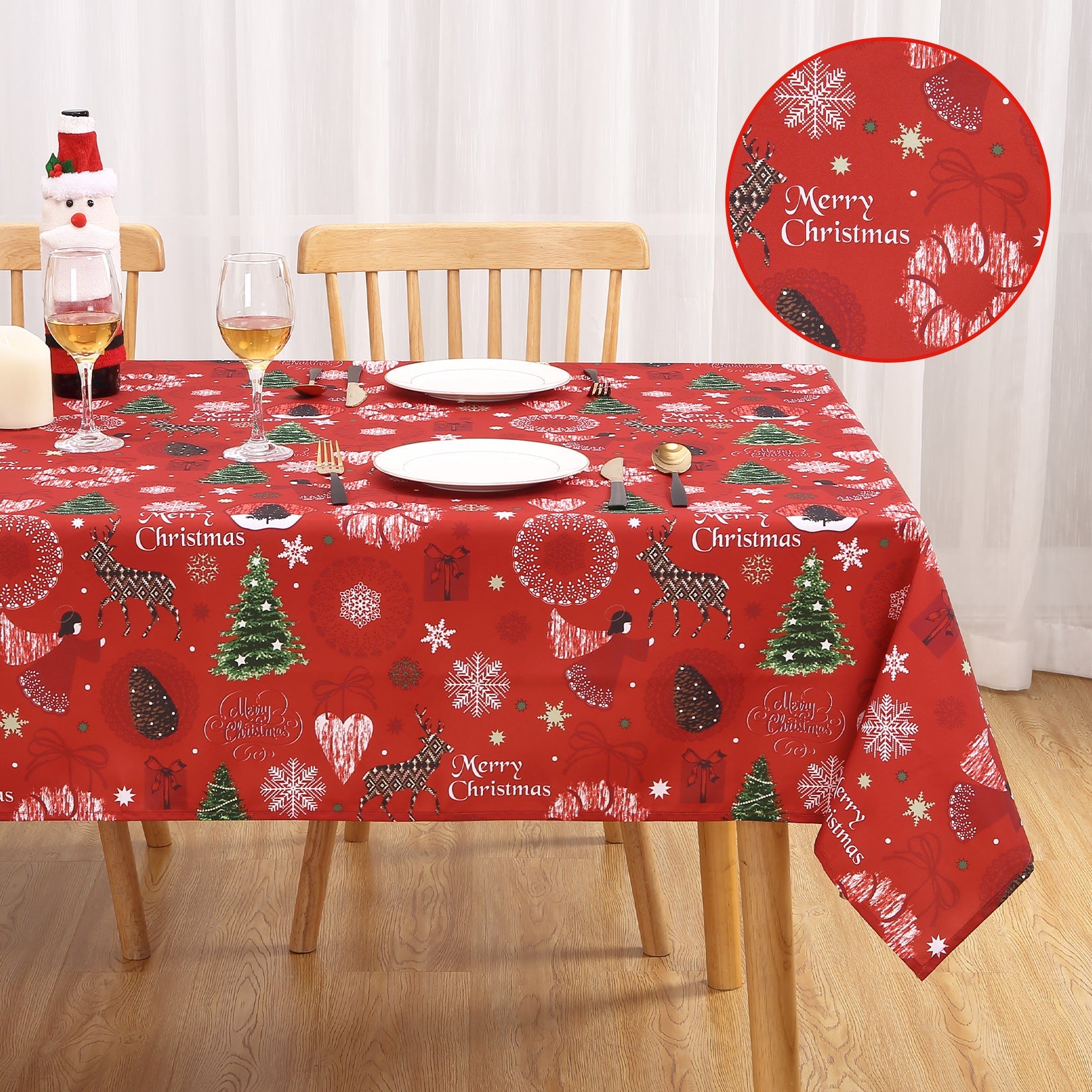 Tovaglia natalizia Garvee in poliestere 52x79 cm, lavabile e anti-goccia, con albero di Natale, fiocchi di neve, renne, tovaglia rettangolare per feste, per interni ed esterni