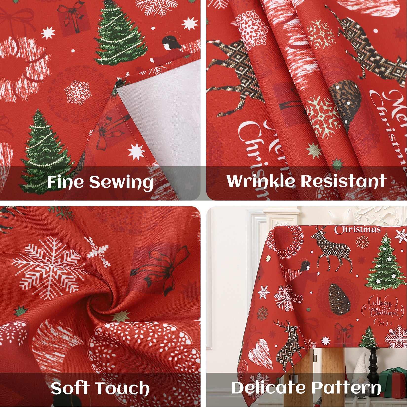 Tovaglia natalizia Garvee in poliestere 52x79 cm, lavabile e anti-goccia, con albero di Natale, fiocchi di neve, renne, tovaglia rettangolare per feste, per interni ed esterni