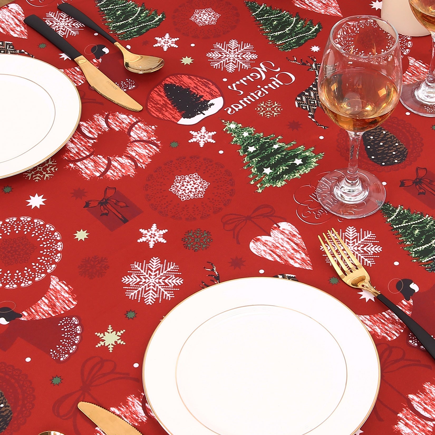 Tovaglia natalizia Garvee in poliestere 52x79 cm, lavabile e anti-goccia, con albero di Natale, fiocchi di neve, renne, tovaglia rettangolare per feste, per interni ed esterni