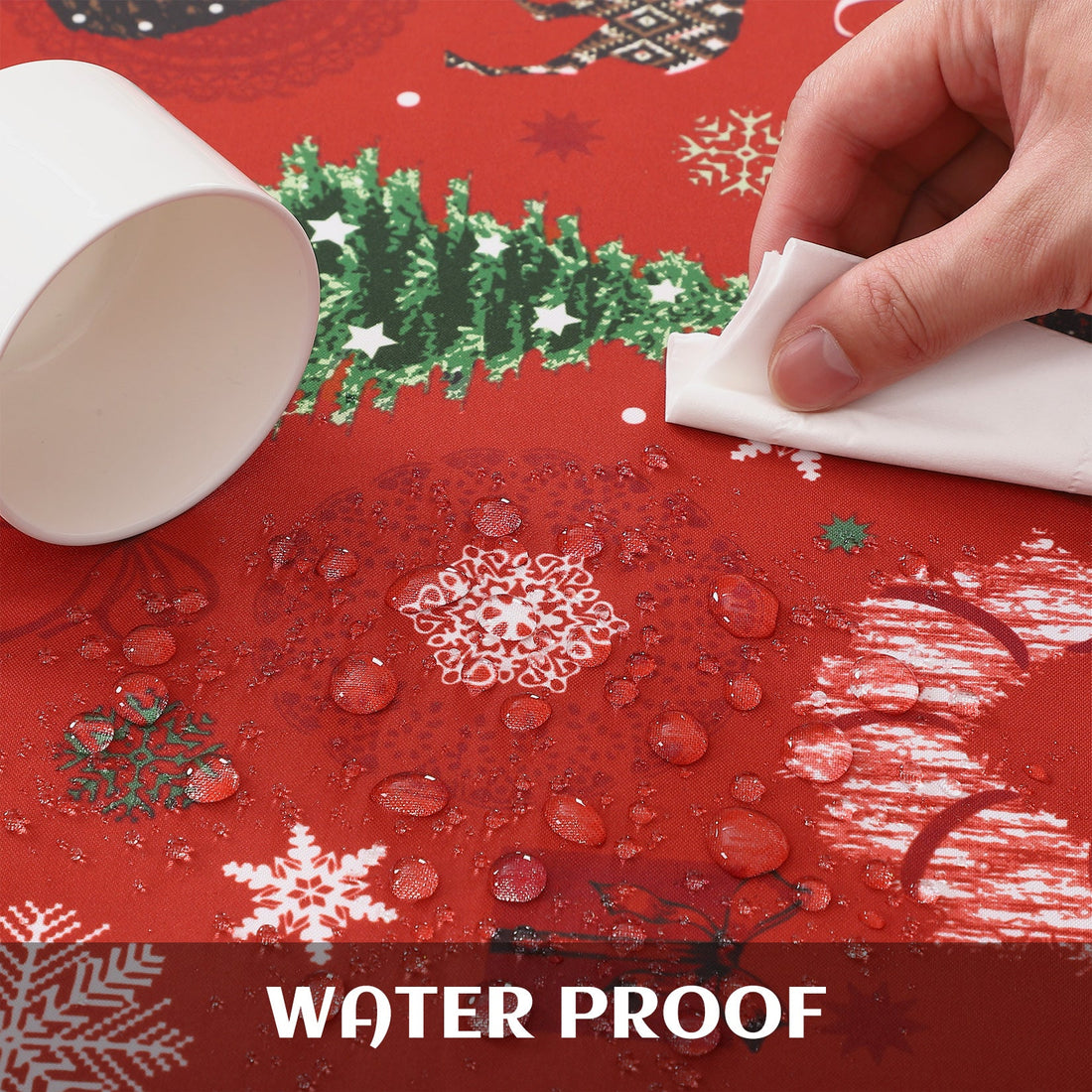 Tovaglia natalizia Garvee in poliestere 52x79 cm, lavabile e anti-goccia, con albero di Natale, fiocchi di neve, renne, tovaglia rettangolare per feste, per interni ed esterni