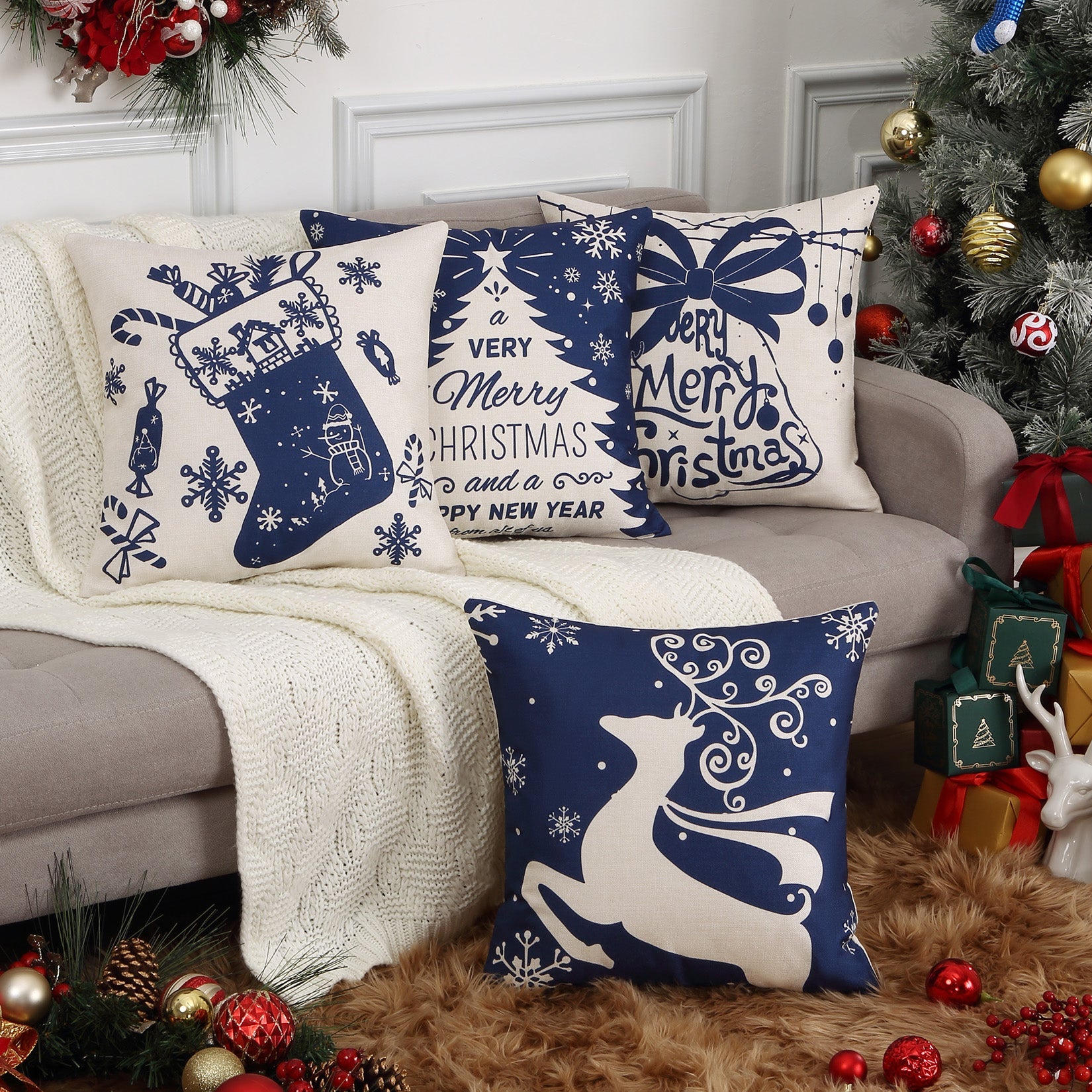 Copricuscini natalizi GARVEE, set da 4, rosso e blu, 18x18 pollici, decorazione invernale per soggiorno, divano, sedia, idea regalo festiva