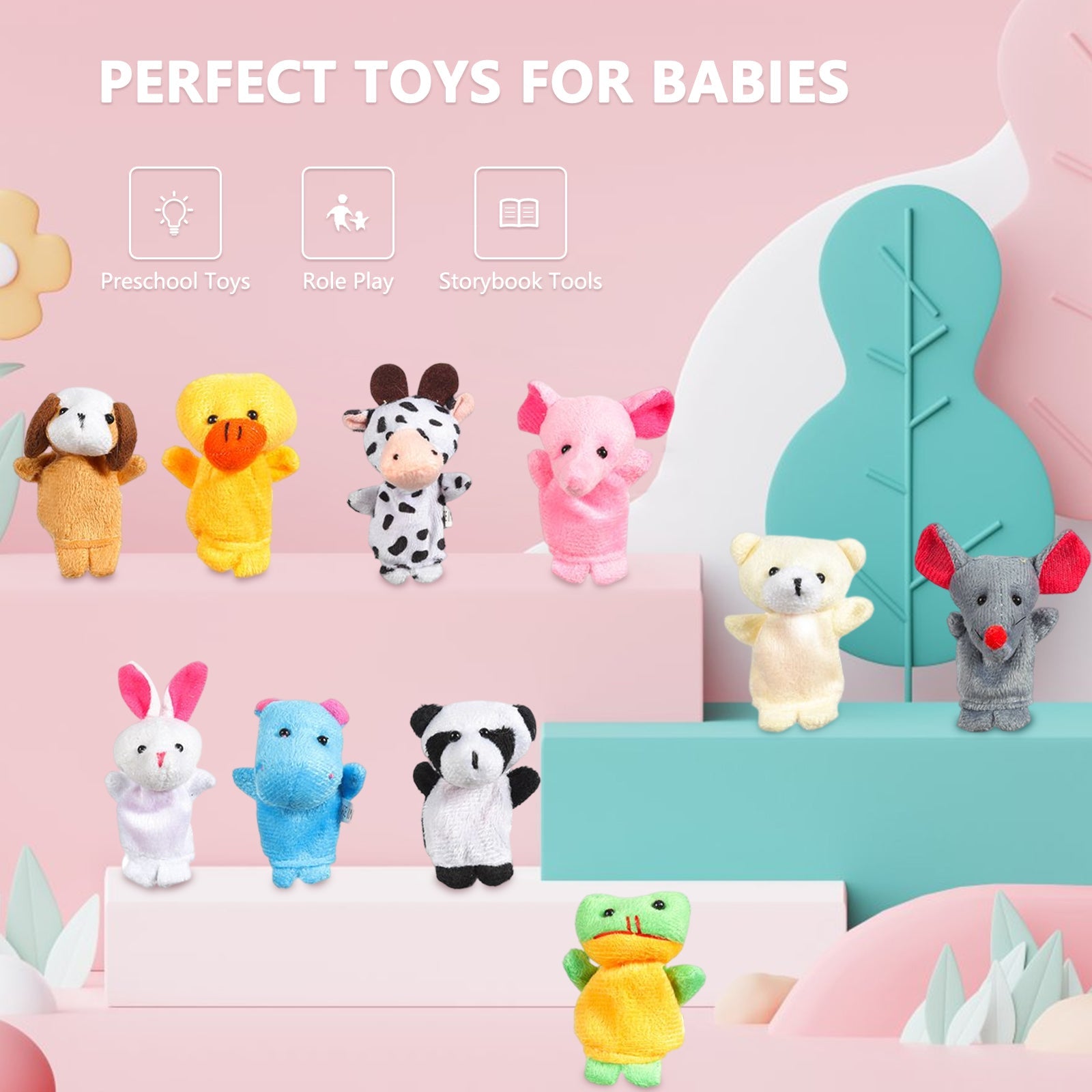 Garvee Set da 10 pezzi di marionette da dito per bambini, piccoli animali di peluche, giocattoli dei cartoni animati, colorati e morbidi, per compleanni e uso quotidiano dei bambini