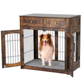 Garvee Dog Crate Furniture 39.4" Con 2 Cassetti, 3 Porte, Cuscino Incluso, MDF E Acciaio, Design Rustico Marrone, Tavolino Laterale, Interno Casa