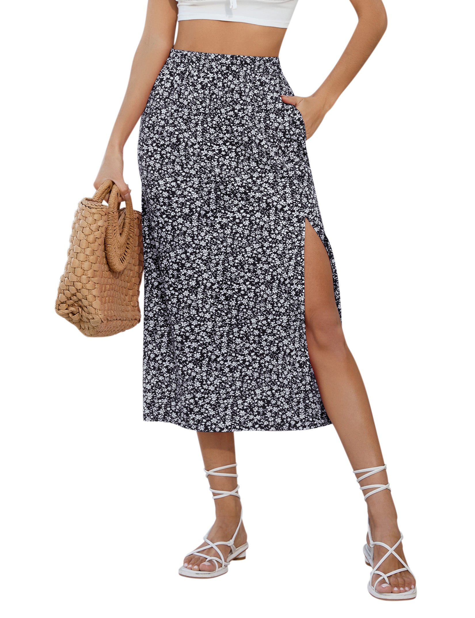 Gonna da donna Garvee con spacco, gonna avvolgente, gonna midi a vita alta, gonna floreale boho, gonna estiva a trapezio, nera M