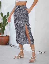 Gonna da donna Garvee con spacco, gonna avvolgente, gonna midi a vita alta, gonna estiva floreale boho, A-Nero S, elegante, traspirante, comoda