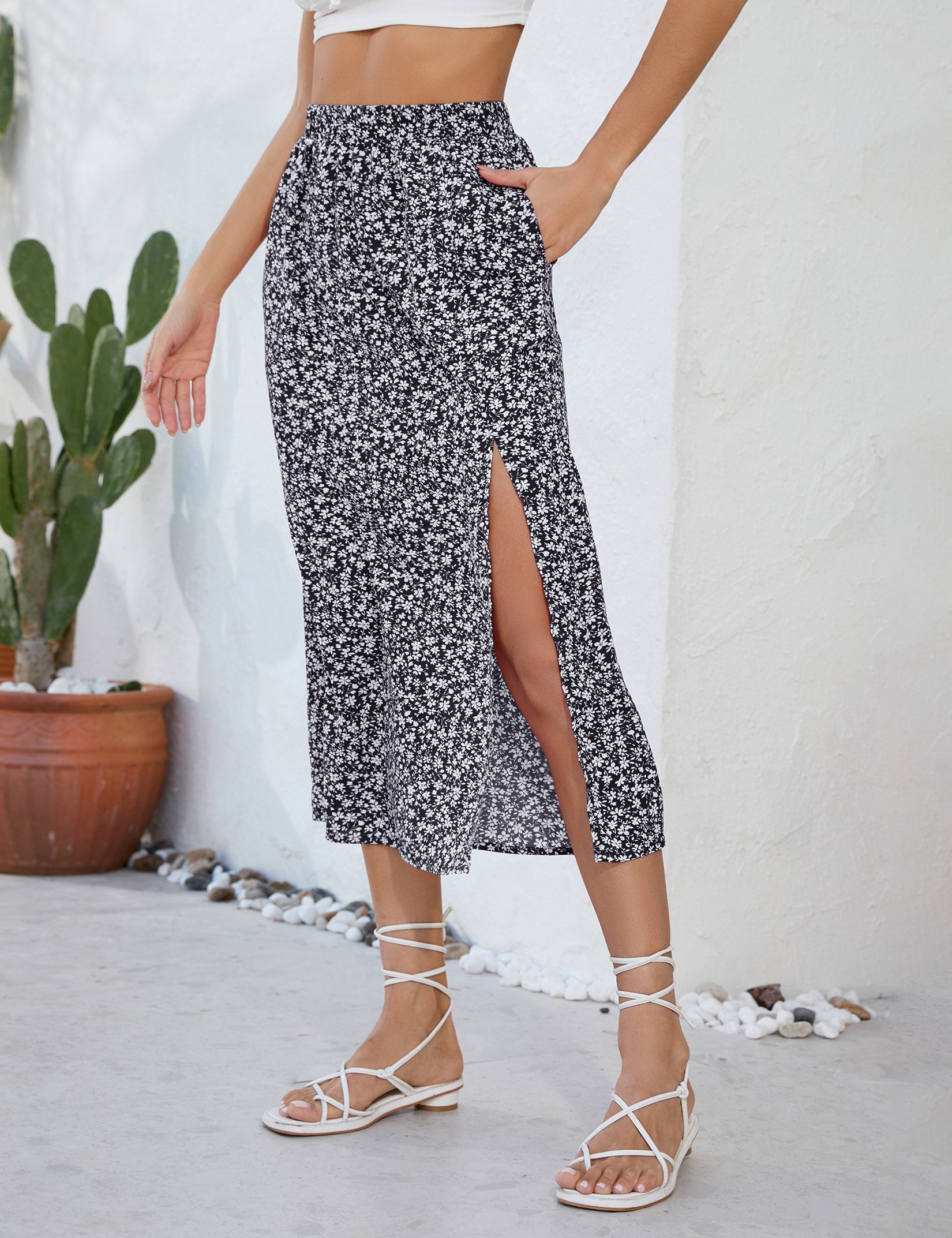 Gonna da donna Garvee con spacco, gonna avvolgente, gonna midi a vita alta, gonna floreale boho, gonna estiva a trapezio, nera M