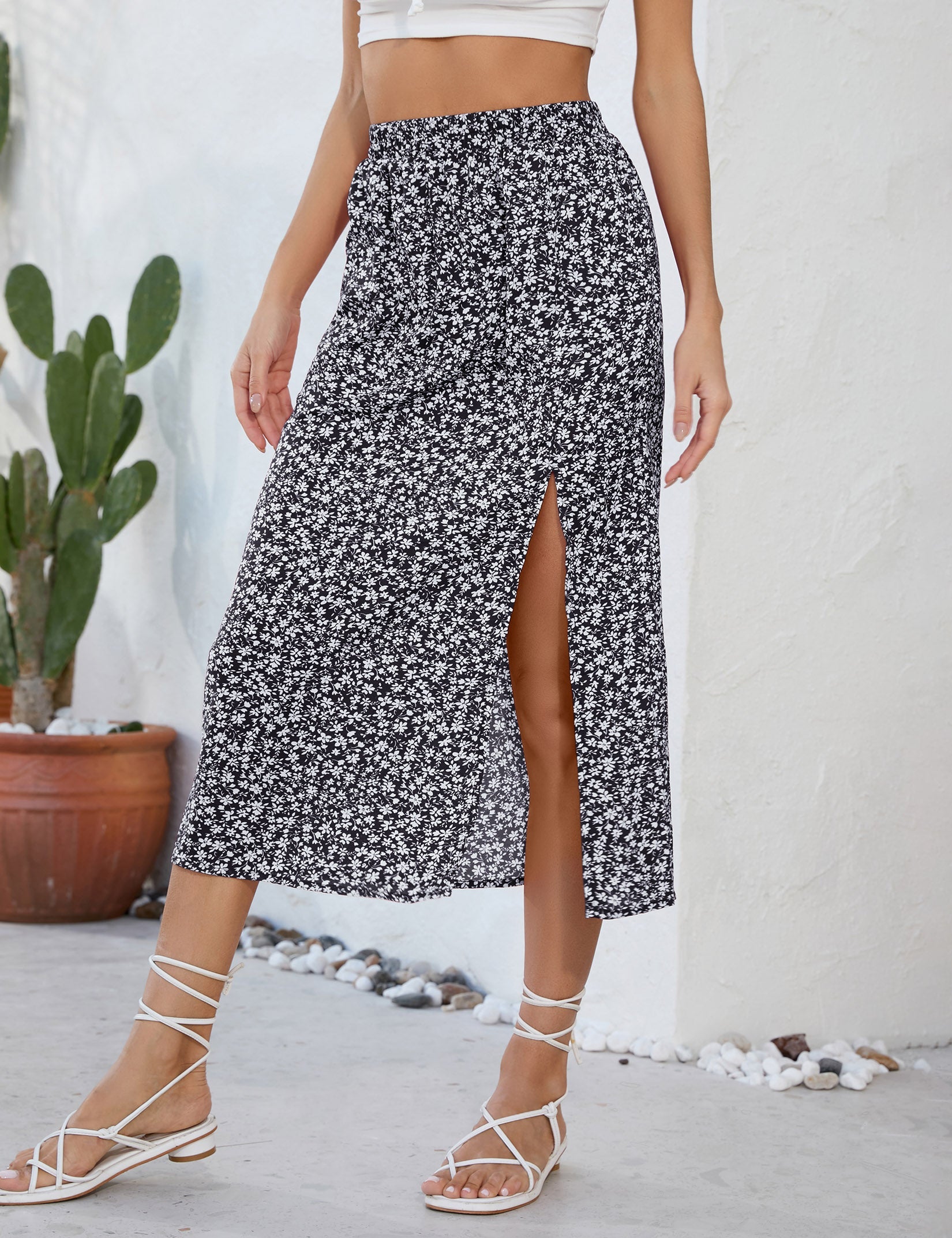 Gonna da donna Garvee con spacco, gonna avvolgente, gonna midi a vita alta, gonna estiva floreale boho, A-Nero S, elegante, traspirante, comoda