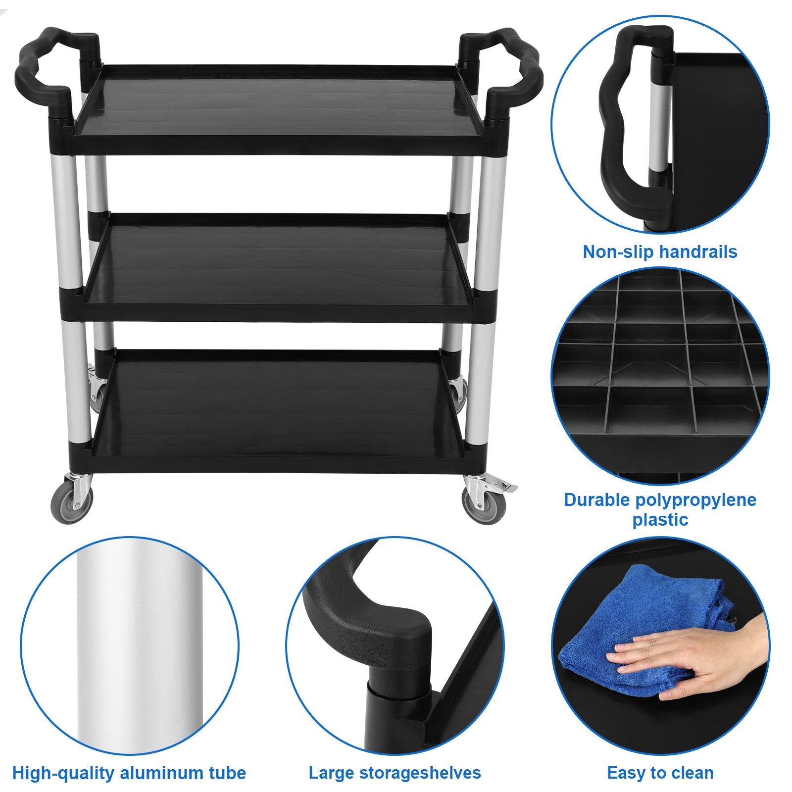 Carrello di servizio Garvee Heavy Duty a 3 ripiani con serratura per catering e pulizia, capacità 360 libbre, alluminio e plastica, 4 ruote bloccabili
