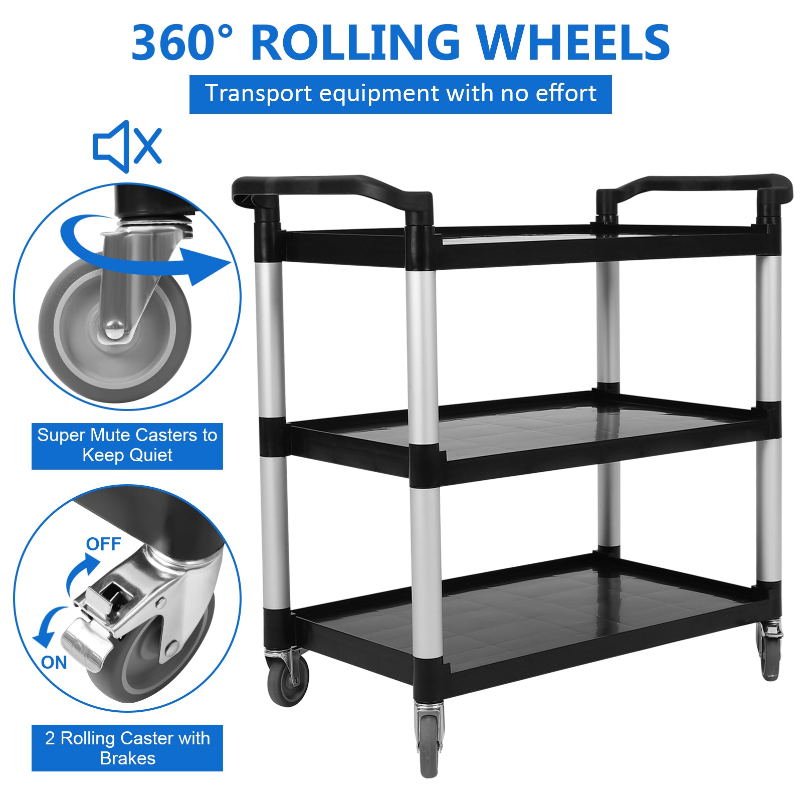 Carrello di servizio Garvee Heavy Duty a 3 ripiani con serratura per catering e pulizia, capacità 360 libbre, alluminio e plastica, 4 ruote bloccabili