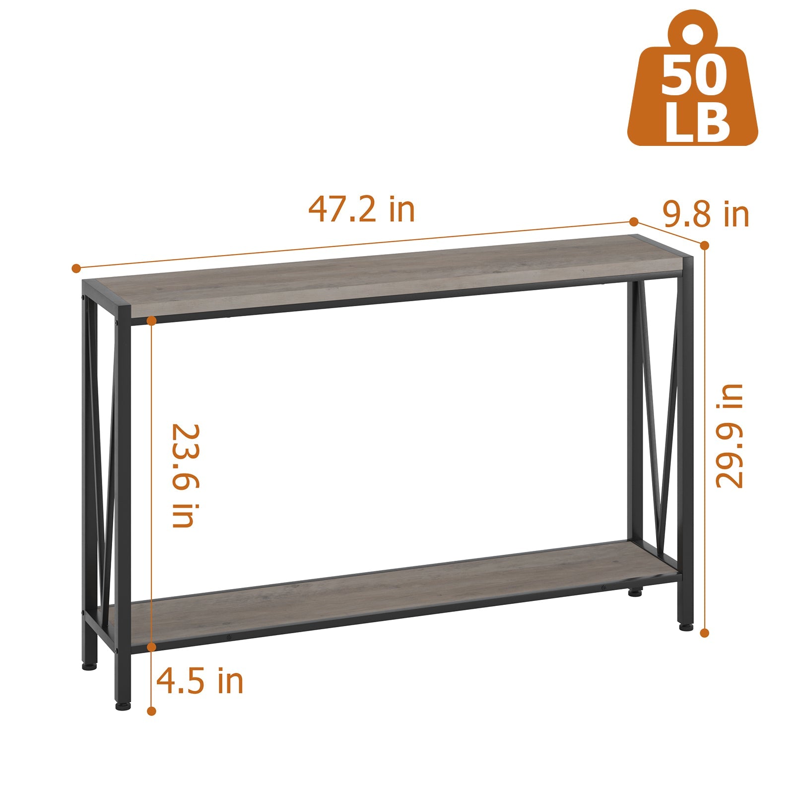 Tavolo consolle Garvee grigio 47,2" in stile industriale, con ripiano a 2 livelli, struttura in acciaio, MDF, stretto, soggiorno, ufficio, corridoio