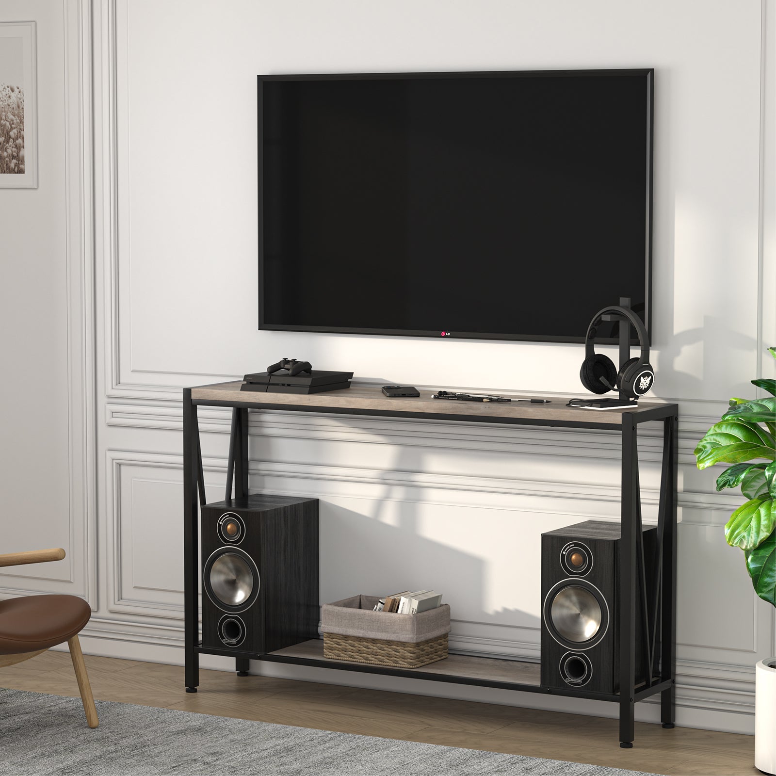 Tavolo consolle Garvee grigio 47,2" in stile industriale, con ripiano a 2 livelli, struttura in acciaio, MDF, stretto, soggiorno, ufficio, corridoio