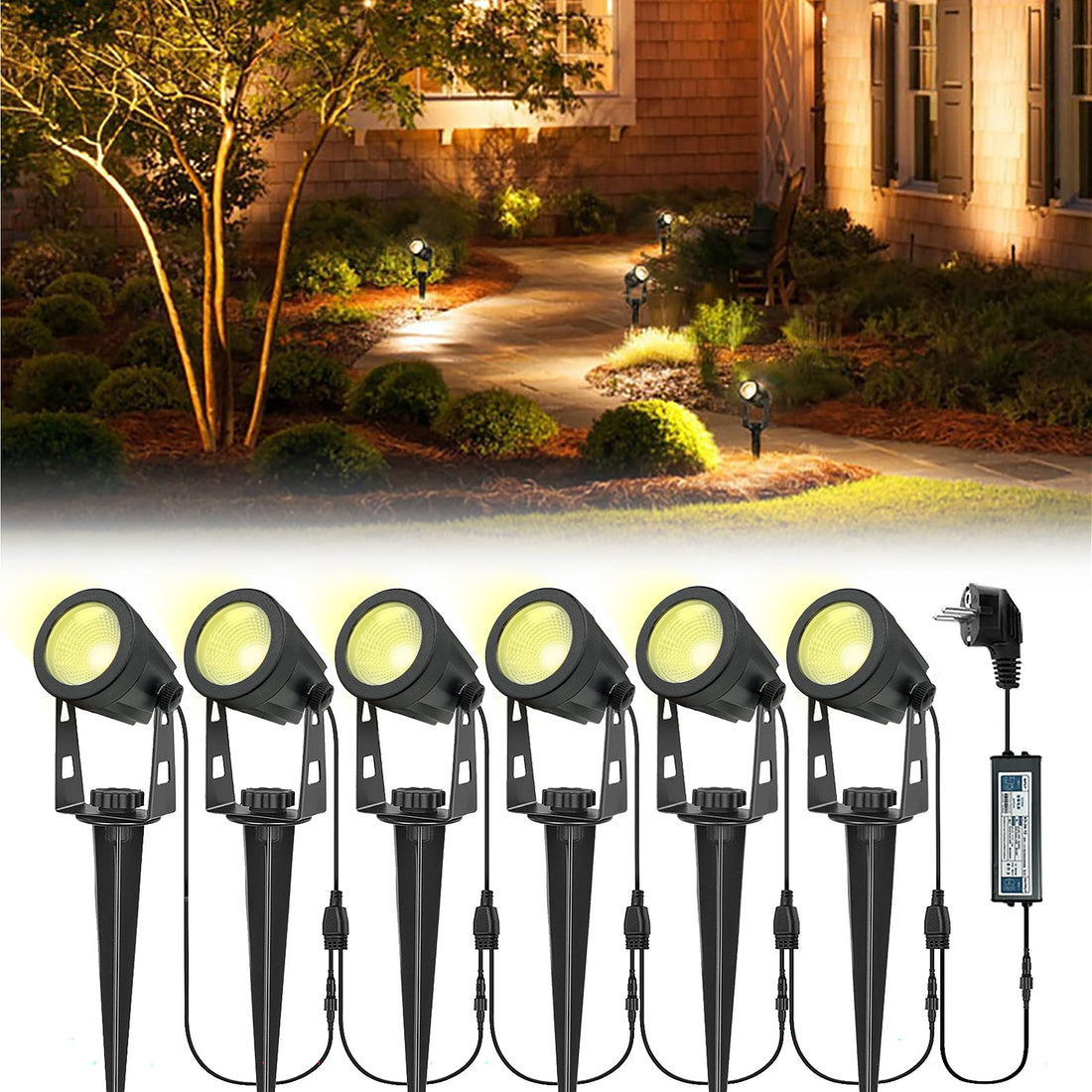 Faretti da giardino Garvee, confezione da 6 in 1, luci da giardino con alimentatore, 21 m, IP65 impermeabile, per alberi da giardino, cortile, rotazione di 270 gradi, bianco caldo