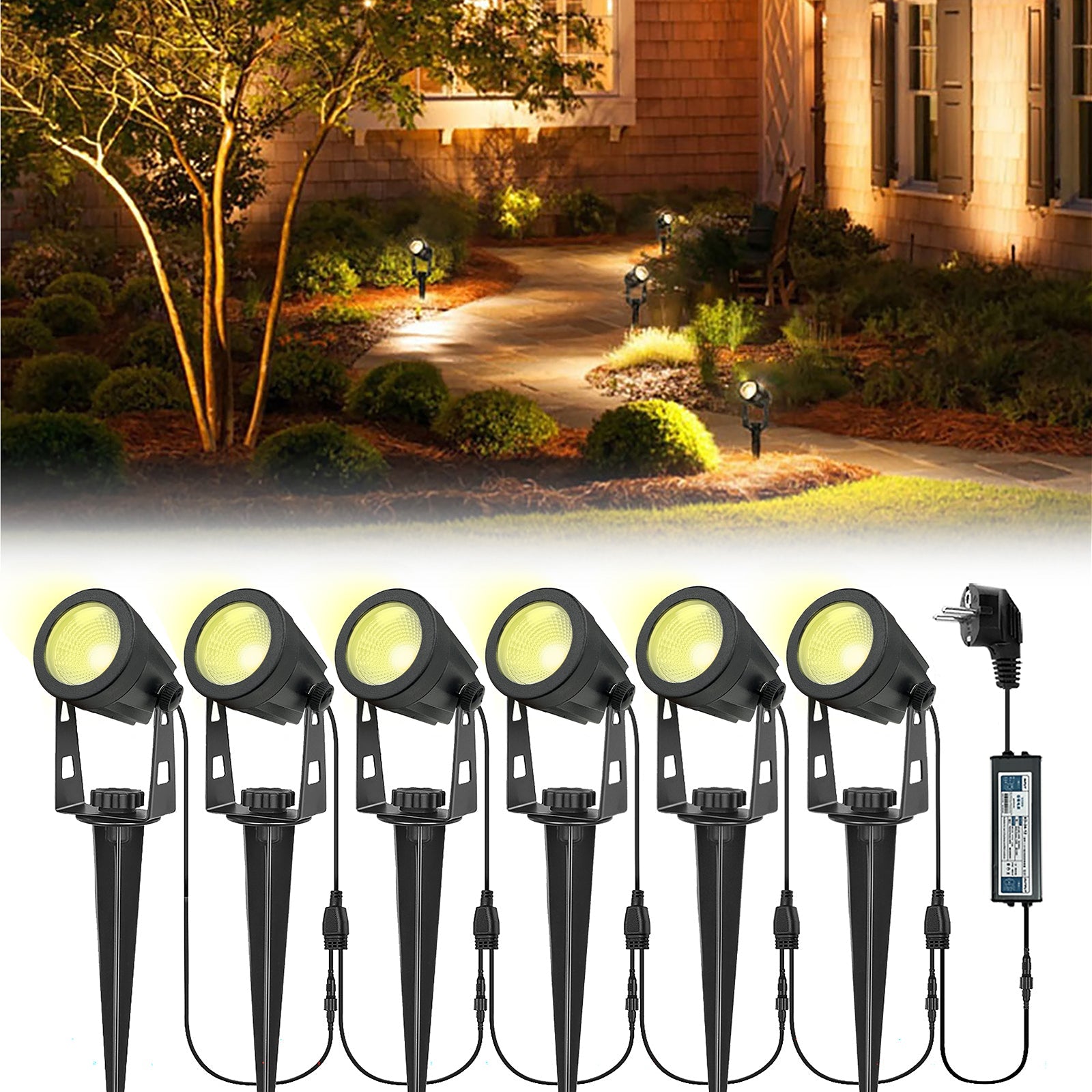 Faretti da giardino Garvee, confezione da 6 in 1, luci da giardino con alimentatore, 21 m, IP65 impermeabile, per alberi da giardino, cortile, rotazione di 270 gradi, bianco caldo