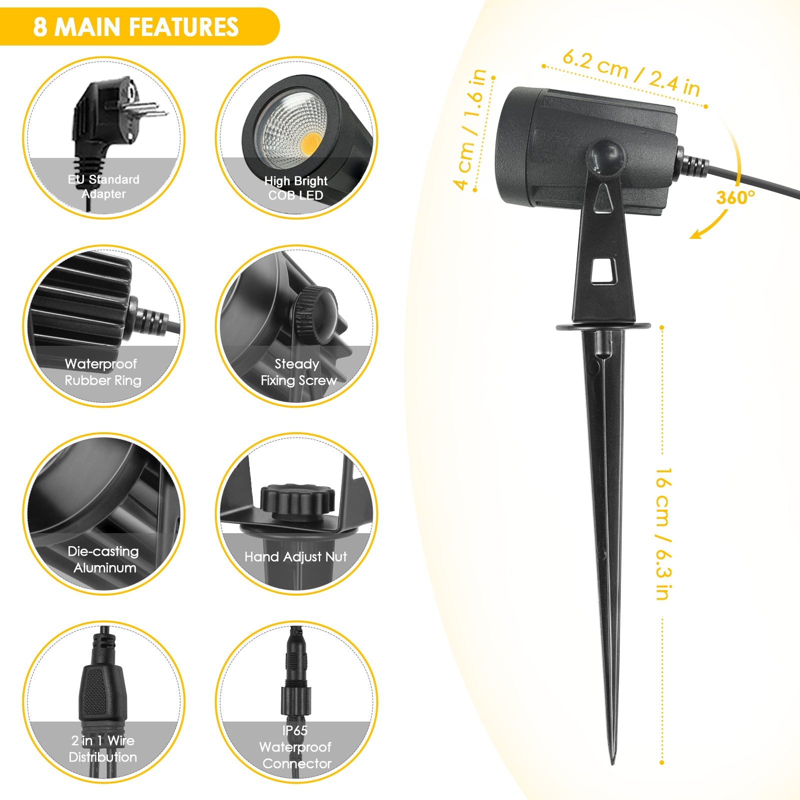 Faretti da giardino Garvee, confezione da 6 in 1, luci da giardino con alimentatore, 21 m, IP65 impermeabile, per alberi da giardino, cortile, rotazione di 270 gradi, bianco caldo