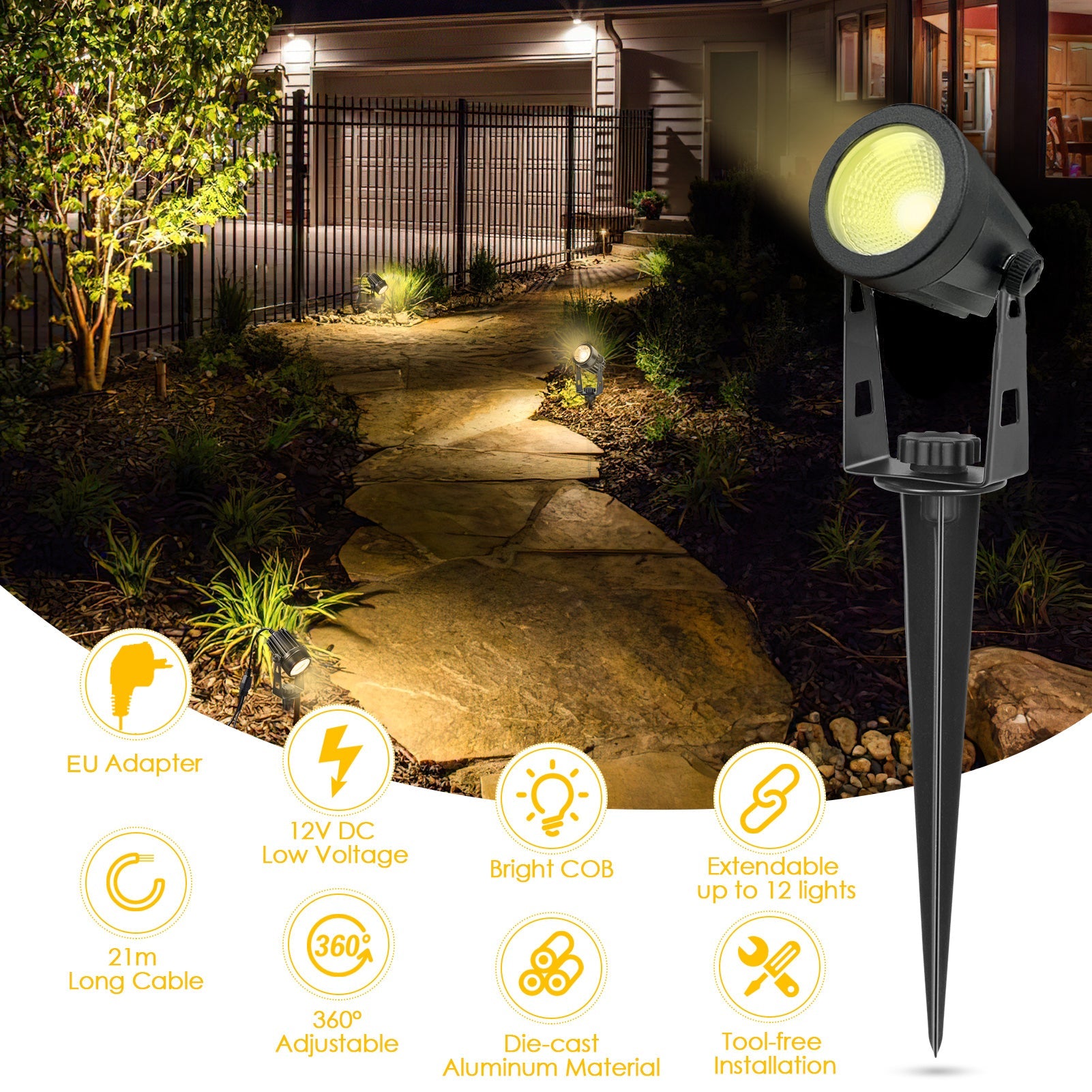 Faretti da giardino Garvee, confezione da 6 in 1, luci da giardino con alimentatore, 21 m, IP65 impermeabile, per alberi da giardino, cortile, rotazione di 270 gradi, bianco caldo