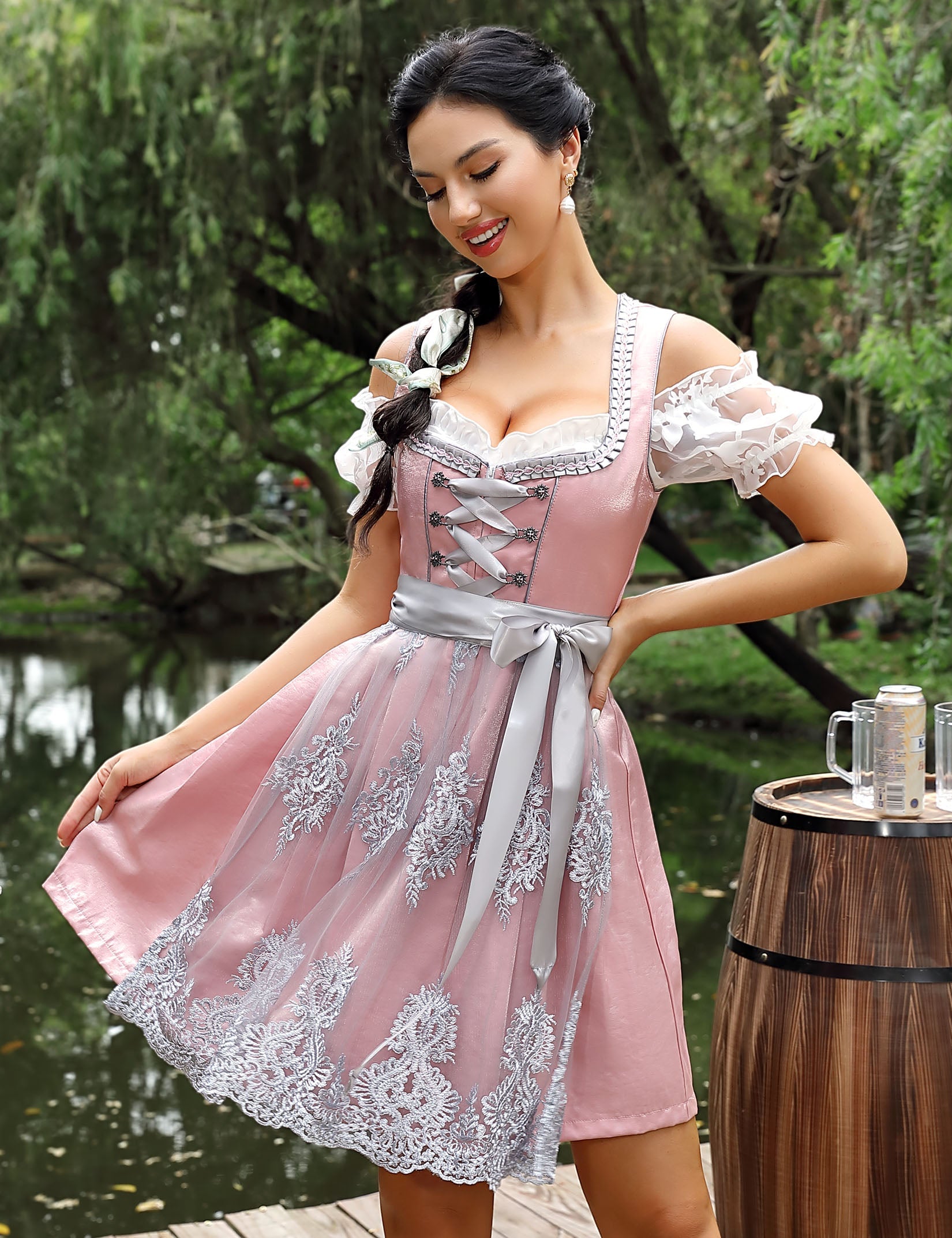 Garvee Dirndl da donna, abito tradizionale corto midi in 3 pezzi, rosa, taglia 34