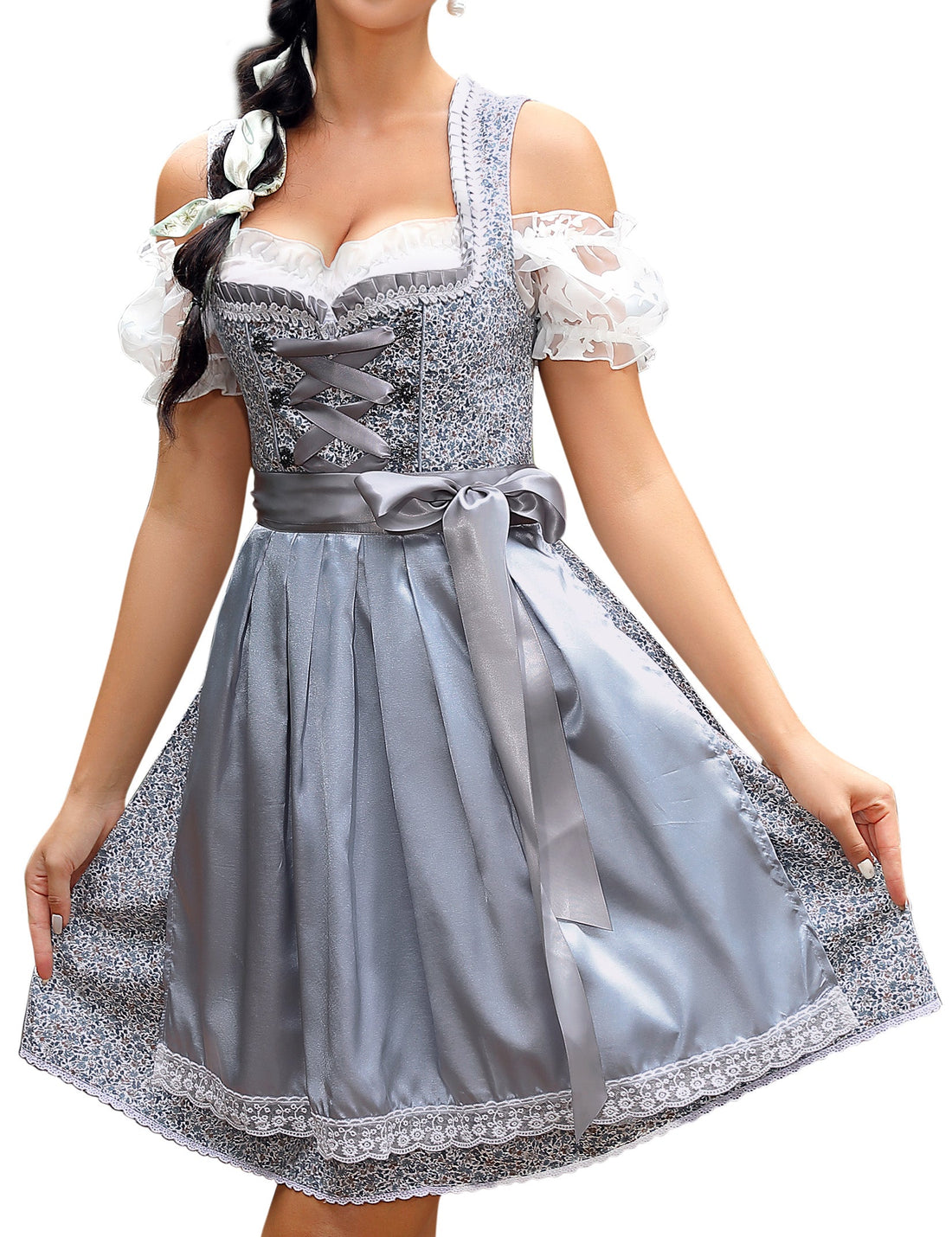 Garvee Dirndl da donna, abito tradizionale corto, set da 3 pezzi per l'Oktoberfest, grigio-blu, taglia 34