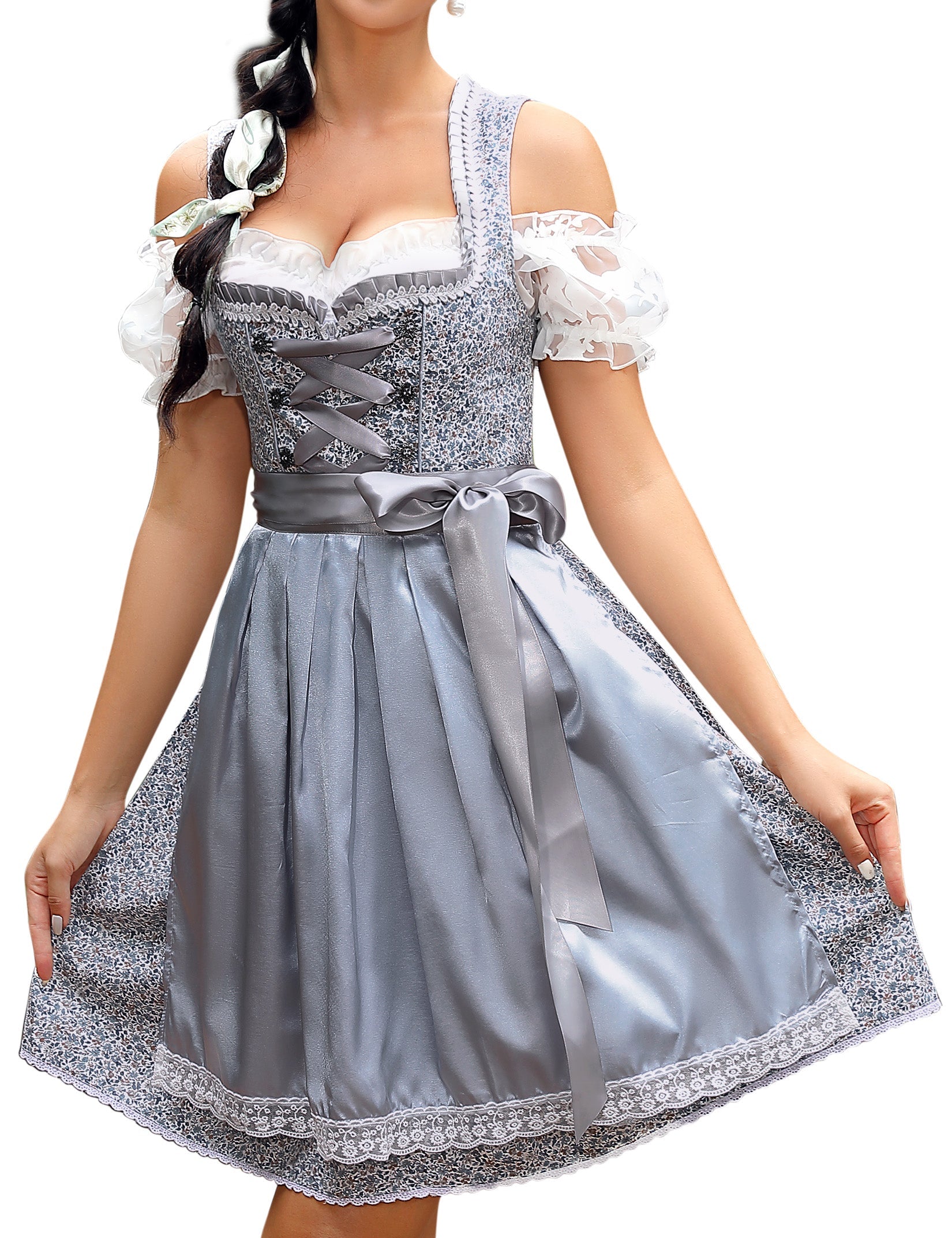 Garvee Dirndl da donna, abito tradizionale corto, set da 3 pezzi per l'Oktoberfest, grigio-blu, taglia 34