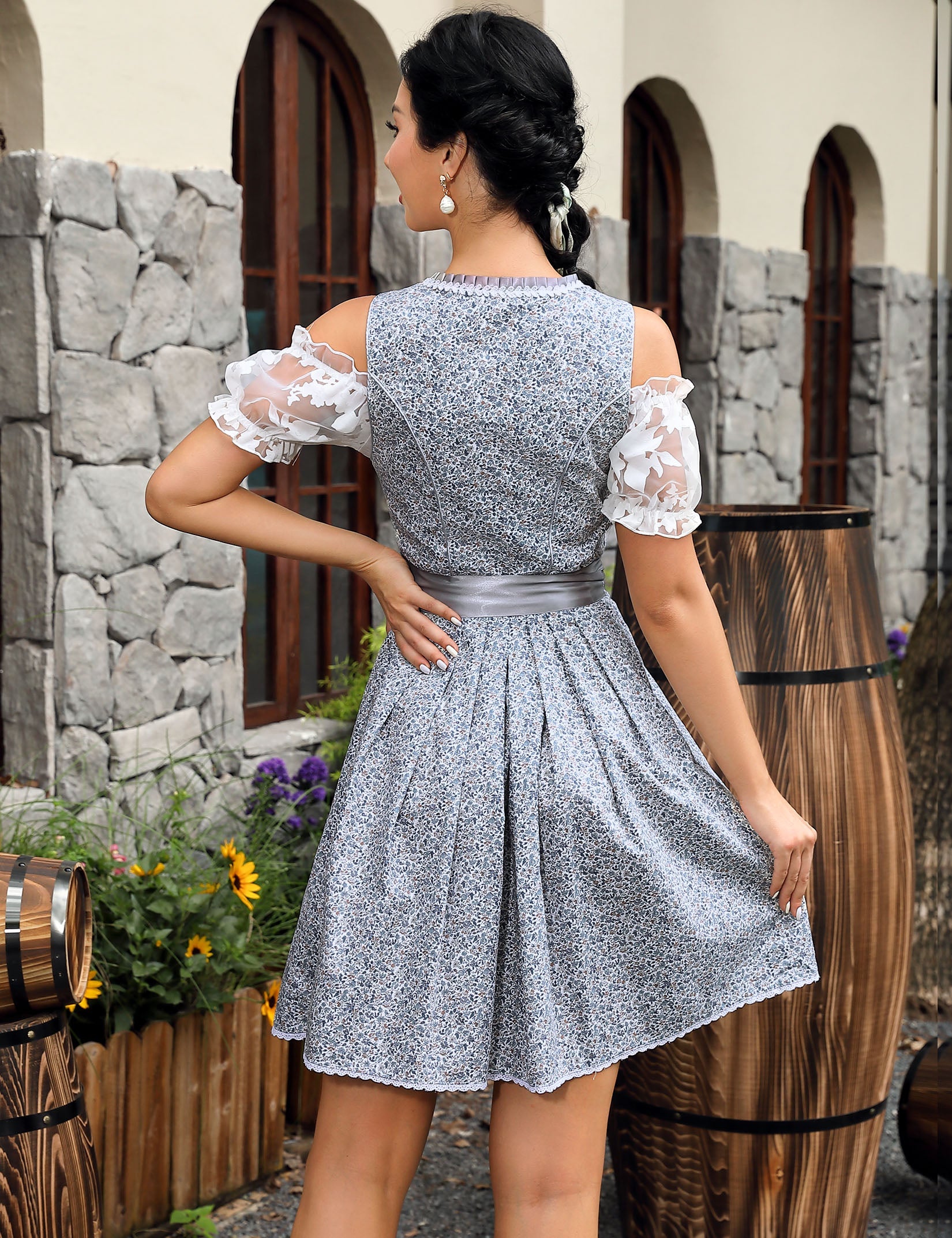 Garvee Dirndl da donna, abito tradizionale corto, set da 3 pezzi per l'Oktoberfest, grigio-blu, taglia 34