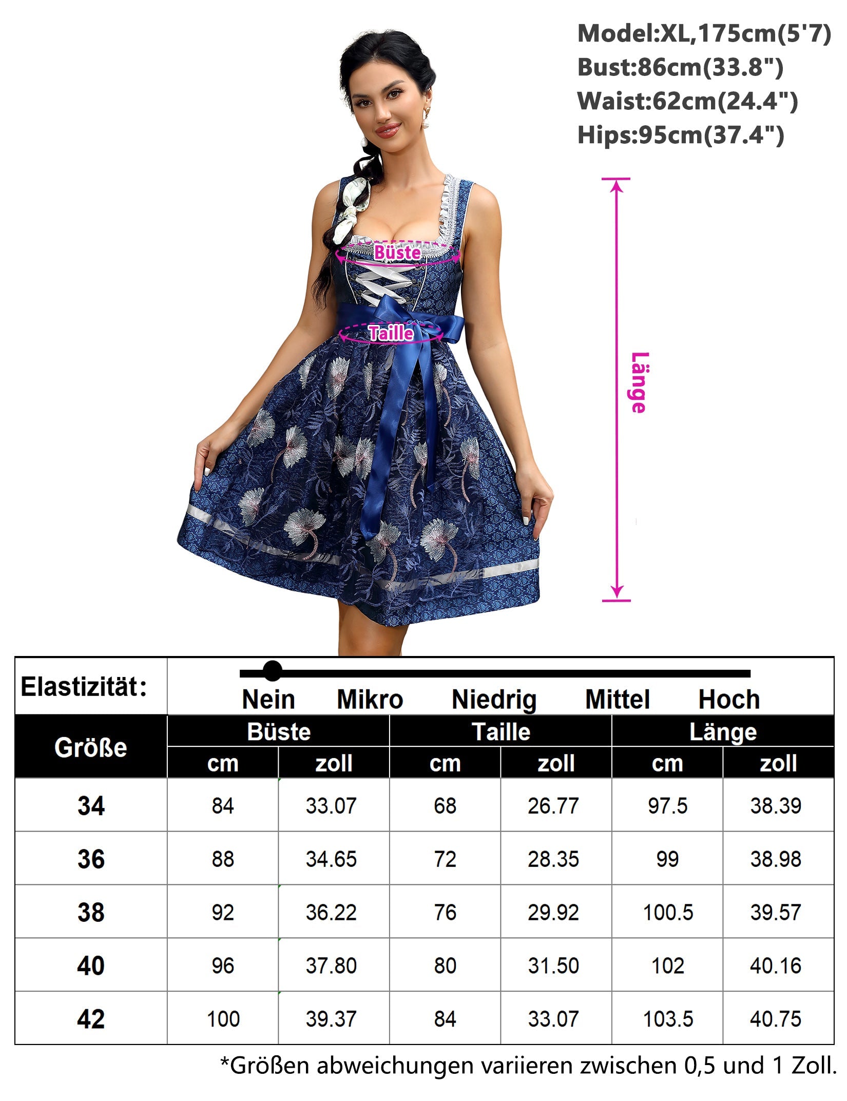 Abito tradizionale Dirndl corto da donna Garvee con grembiule in pizzo - Rosso, set da 2 pezzi, taglia S