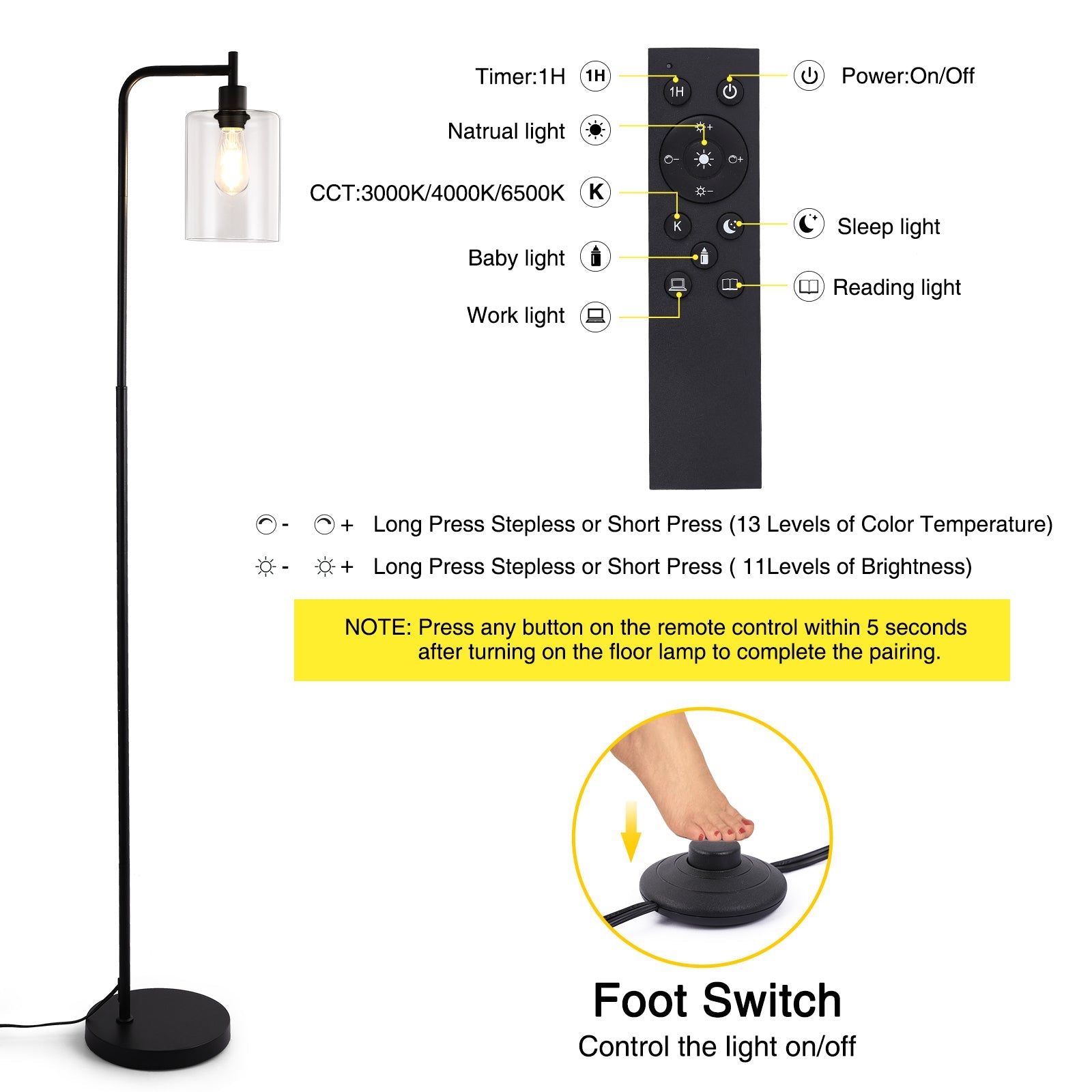 Lampada da terra GARVEE per soggiorno, LED dimmerabile 2700K-6500K con telecomando e interruttore a pedale, lampada da lettura moderna per camera da letto, ufficio, studio, 166 cm, nero