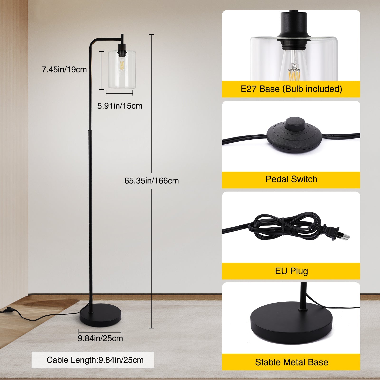 Lampada da terra GARVEE per soggiorno, LED dimmerabile 2700K-6500K con telecomando e interruttore a pedale, lampada da lettura moderna per camera da letto, ufficio, studio, 166 cm, nero