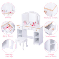 Tavolo da toeletta per bambini Garvee con specchio a tre scomparti, spazio di archiviazione e bordi arrotondati, legno MDF, bianco, per bambine dai 3 ai 9 anni, soggiorno e camera da letto