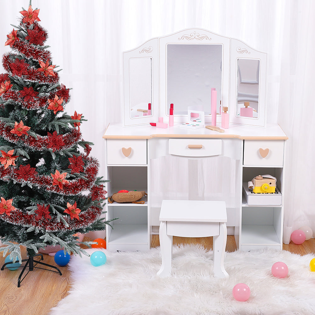Tavolo da toeletta per bambini Garvee con specchio a tre scomparti, spazio di archiviazione e bordi arrotondati, legno MDF, bianco, per bambine dai 3 ai 9 anni, soggiorno e camera da letto