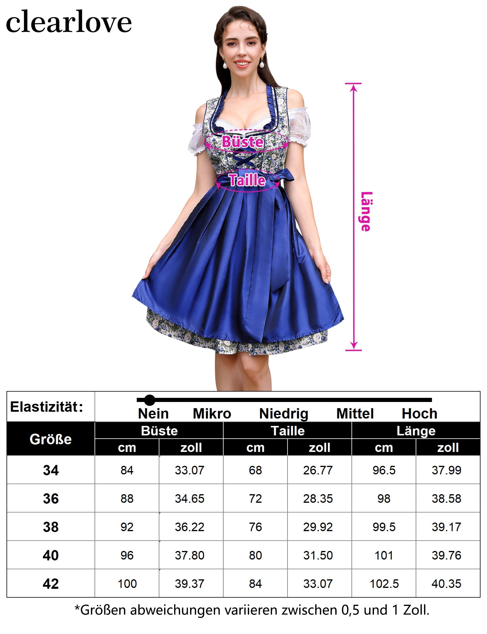 Garvee - Completo corto da donna Dirndl, 3 pezzi, abito tradizionale midi, blu floreale, per Oktoberfest, feste, matrimoni, taglia 34