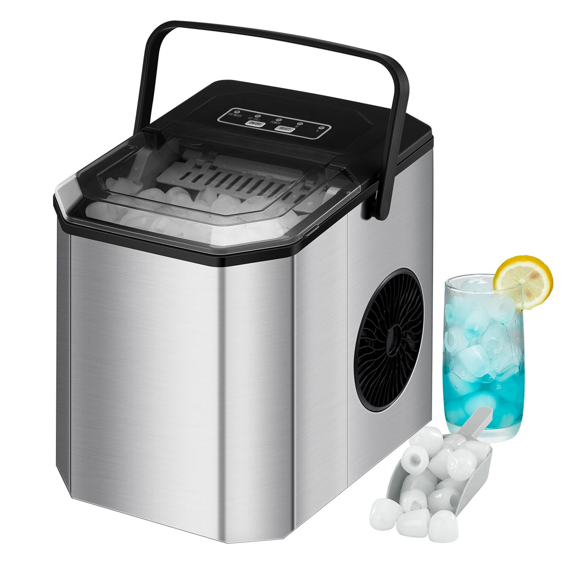 GARVEE Eiswürfelmaschine, 26lbs/24h, Eiswürfelbereiter 9 Eiswürfel in 6 Minuten, Ice Maker mit Eisschaufel u. Korb, Selbstreinigung, Edelstahl Eiswürfelbereiter für Party, Büro, Bar, Wohnmobil