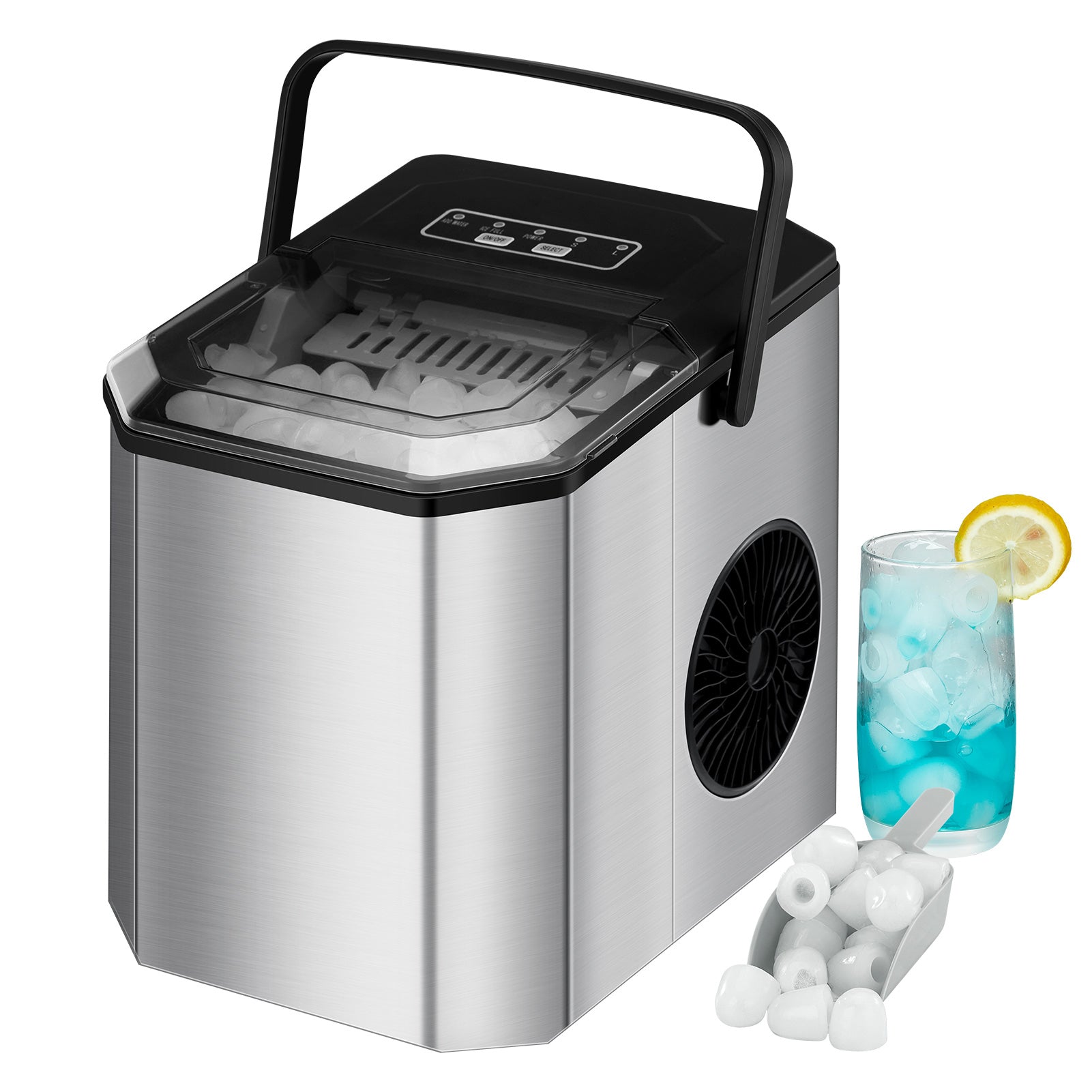 GARVEE Eiswürfelmaschine, 26lbs/24h, Eiswürfelbereiter 9 Eiswürfel in 6 Minuten, Ice Maker mit Eisschaufel u. Korb, Selbstreinigung, Edelstahl Eiswürfelbereiter für Party, Büro, Bar, Wohnmobil