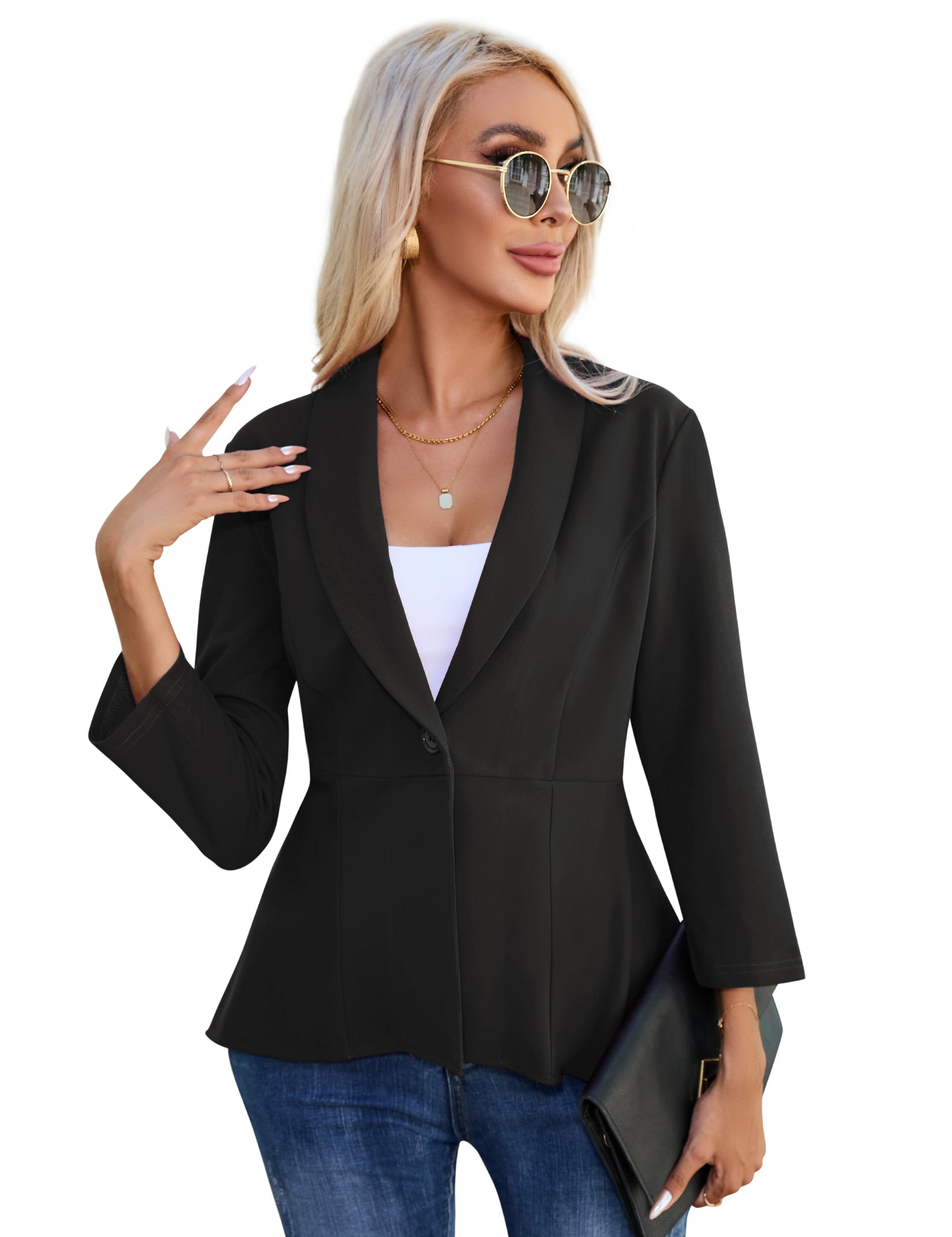 Blazer da donna Garvee con maniche a 3/4, bottoni, volant, elegante, nero, taglia S, per lavoro, ufficio e tempo libero