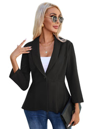 Blazer da donna Garvee con maniche a 3/4, bottoni, volant, elegante, nero, taglia S, per lavoro, ufficio e tempo libero