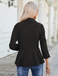 Blazer da donna Garvee con maniche a 3/4, bottoni, volant, elegante, nero, taglia S, per lavoro, ufficio e tempo libero