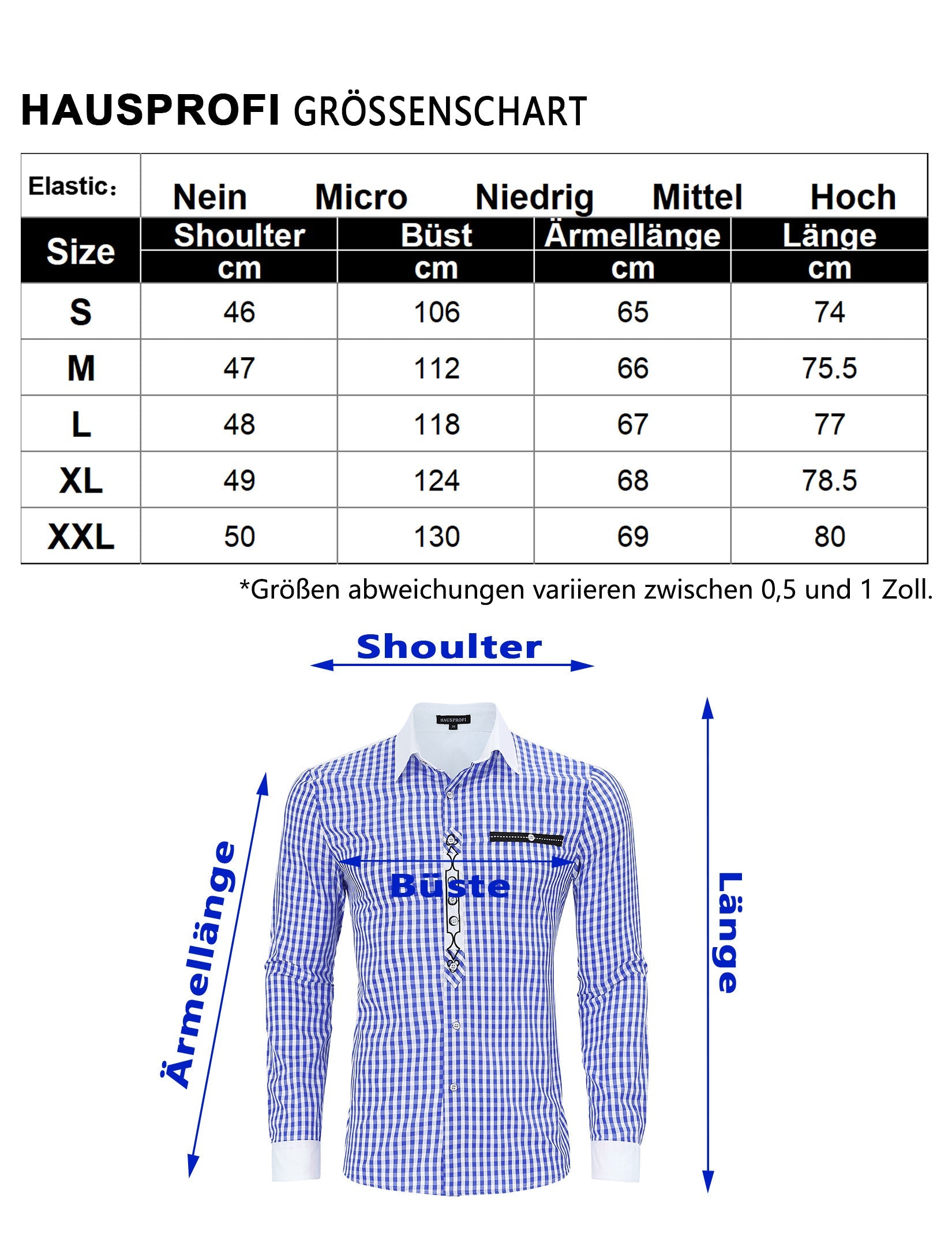 Camicia tradizionale da uomo Garvee, manica lunga, camicia a quadri con colletto Kent, per l'Oktoberfest, blu, M