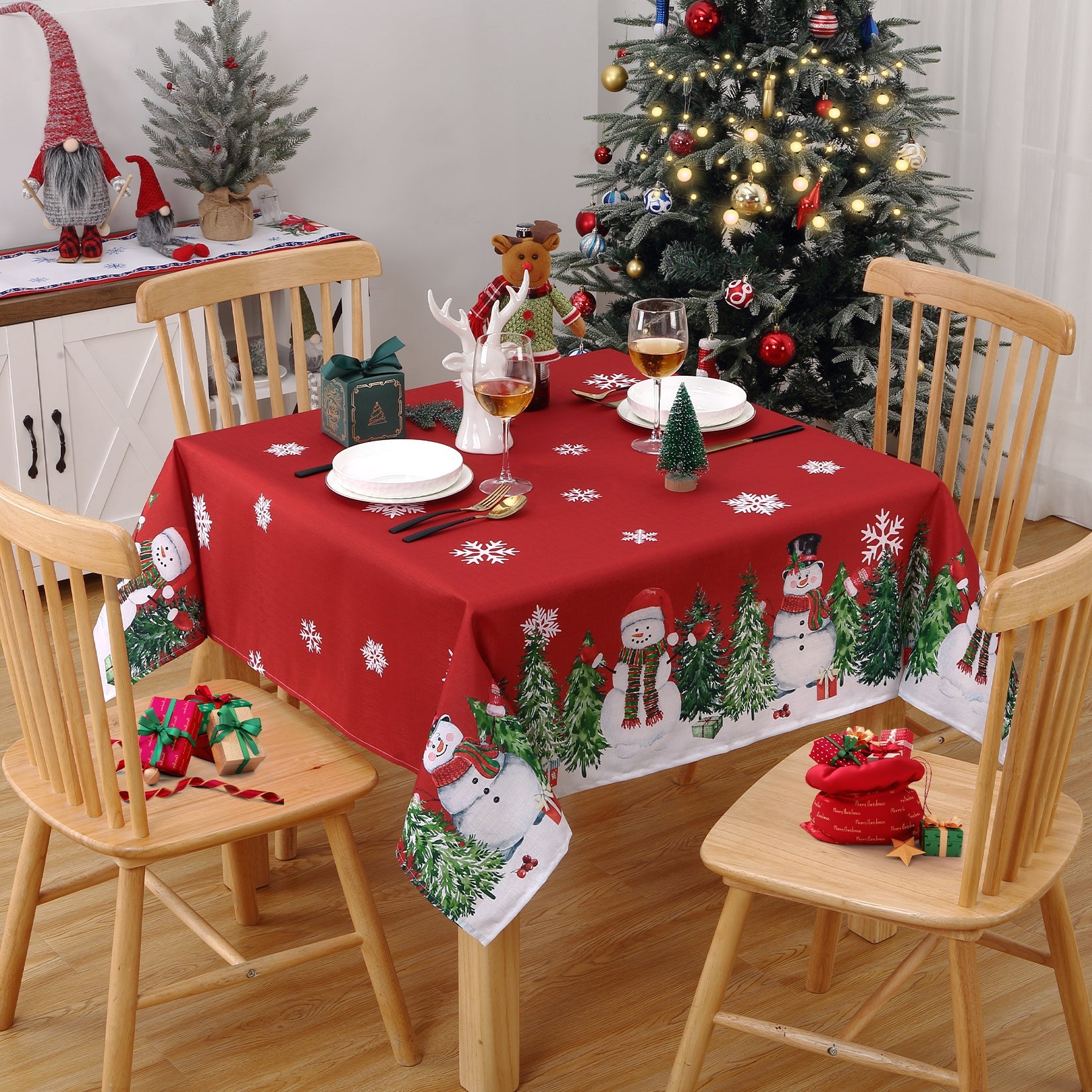 Tovaglia natalizia Garvee in poliestere impermeabile rosso effetto bambù, 54x54 pollici, motivo pupazzo di neve per decorazioni festive