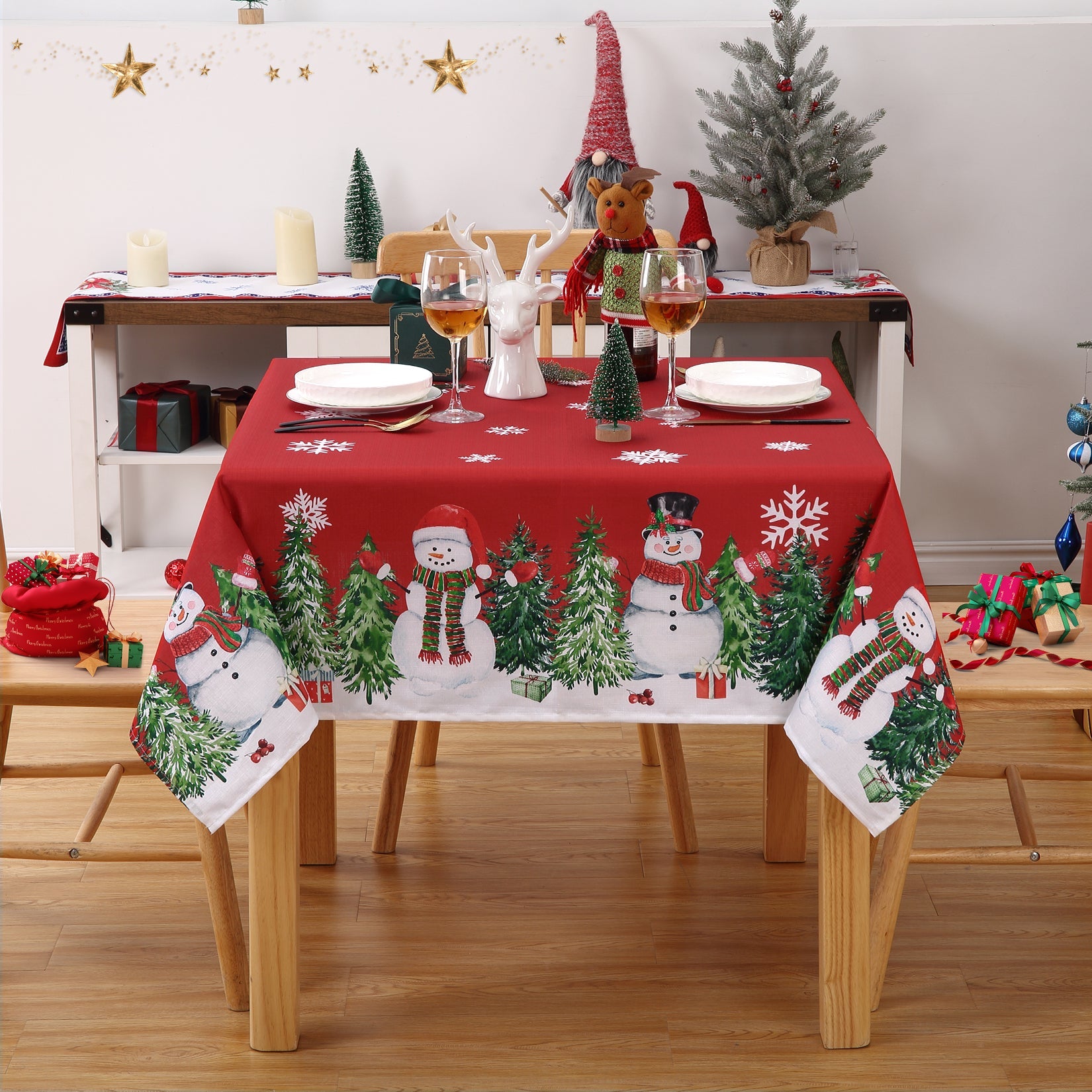 Tovaglia natalizia Garvee in poliestere impermeabile rosso effetto bambù, 54x54 pollici, motivo pupazzo di neve per decorazioni festive