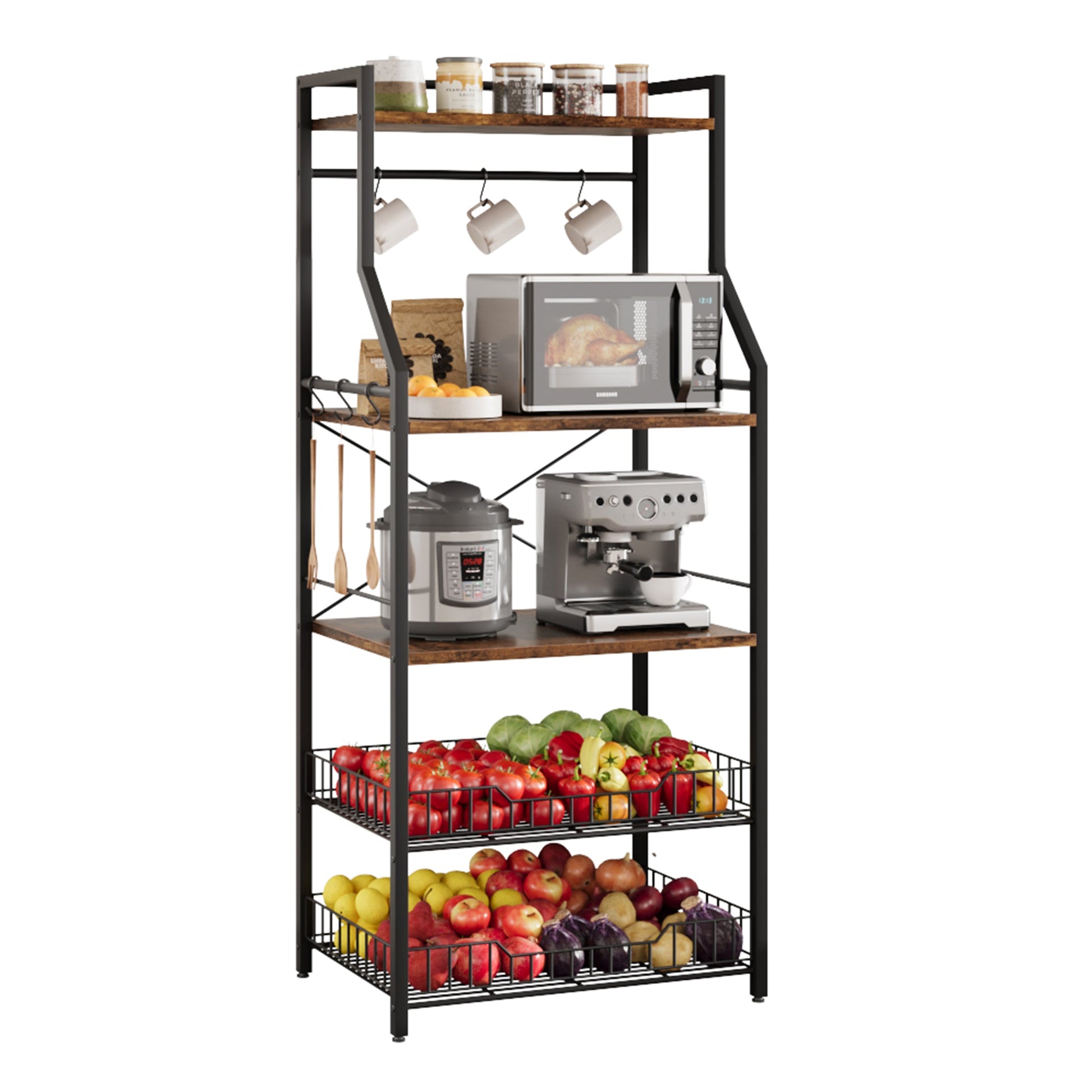 Scaffale da panettiere Garvee con 2 grandi cestini in filo metallico, 5 ripiani, robusto e durevole, per riporre gli utensili da cucina, angolo caffè, MDF e acciaio