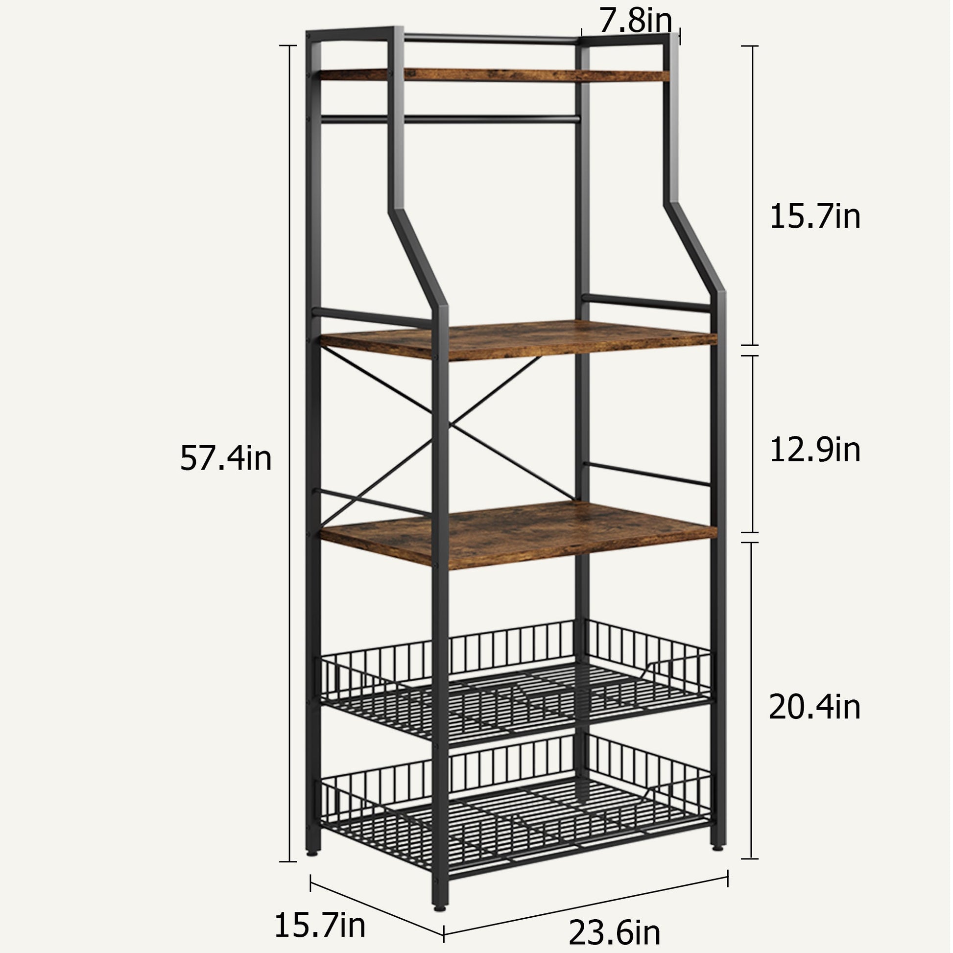 Scaffale da panettiere Garvee con 2 grandi cestini in filo metallico, 5 ripiani, robusto e durevole, per riporre gli utensili da cucina, angolo caffè, MDF e acciaio