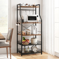 Scaffale da panettiere Garvee con 2 grandi cestini in filo metallico, 5 ripiani, robusto e durevole, per riporre gli utensili da cucina, angolo caffè, MDF e acciaio
