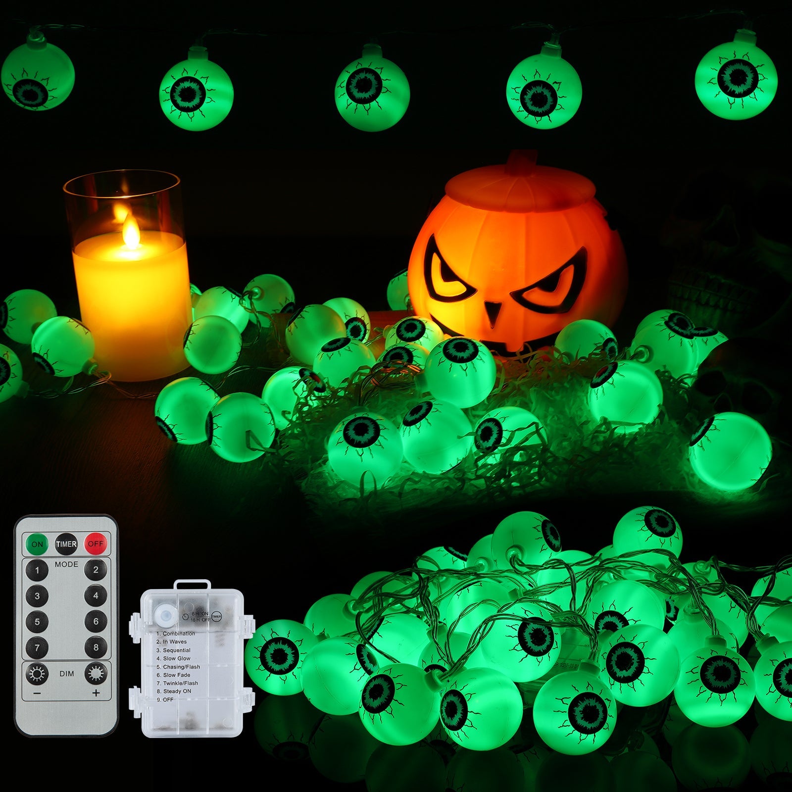 Garvee Luci di Halloween a forma di bulbo oculare verde 5 m 30 LED a batteria impermeabili con telecomando per feste al chiuso e all'aperto
