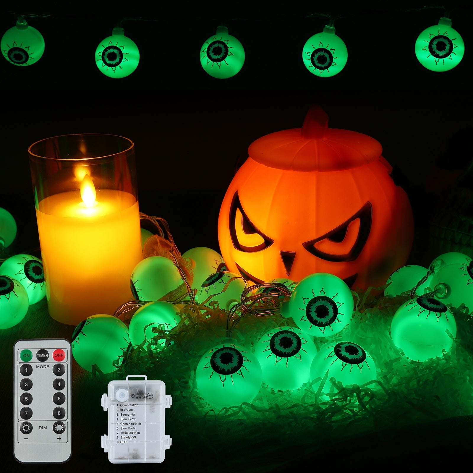 Garvee Luci di Halloween a forma di bulbo oculare verde 5 m 30 LED a batteria impermeabili con telecomando per feste al chiuso e all'aperto