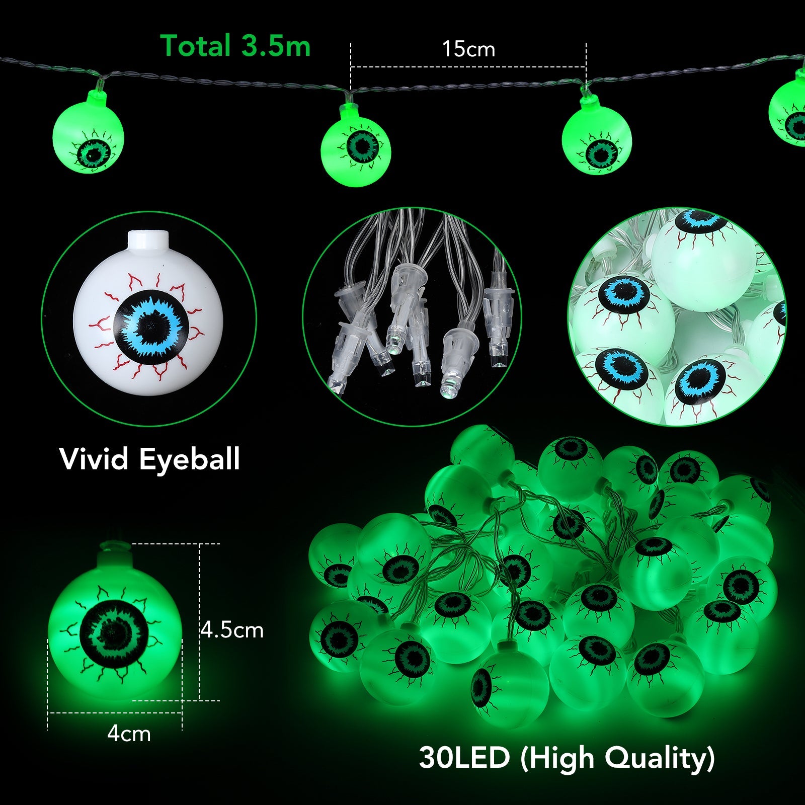 Garvee Luci di Halloween a forma di bulbo oculare verde 5 m 30 LED a batteria impermeabili con telecomando per feste al chiuso e all'aperto