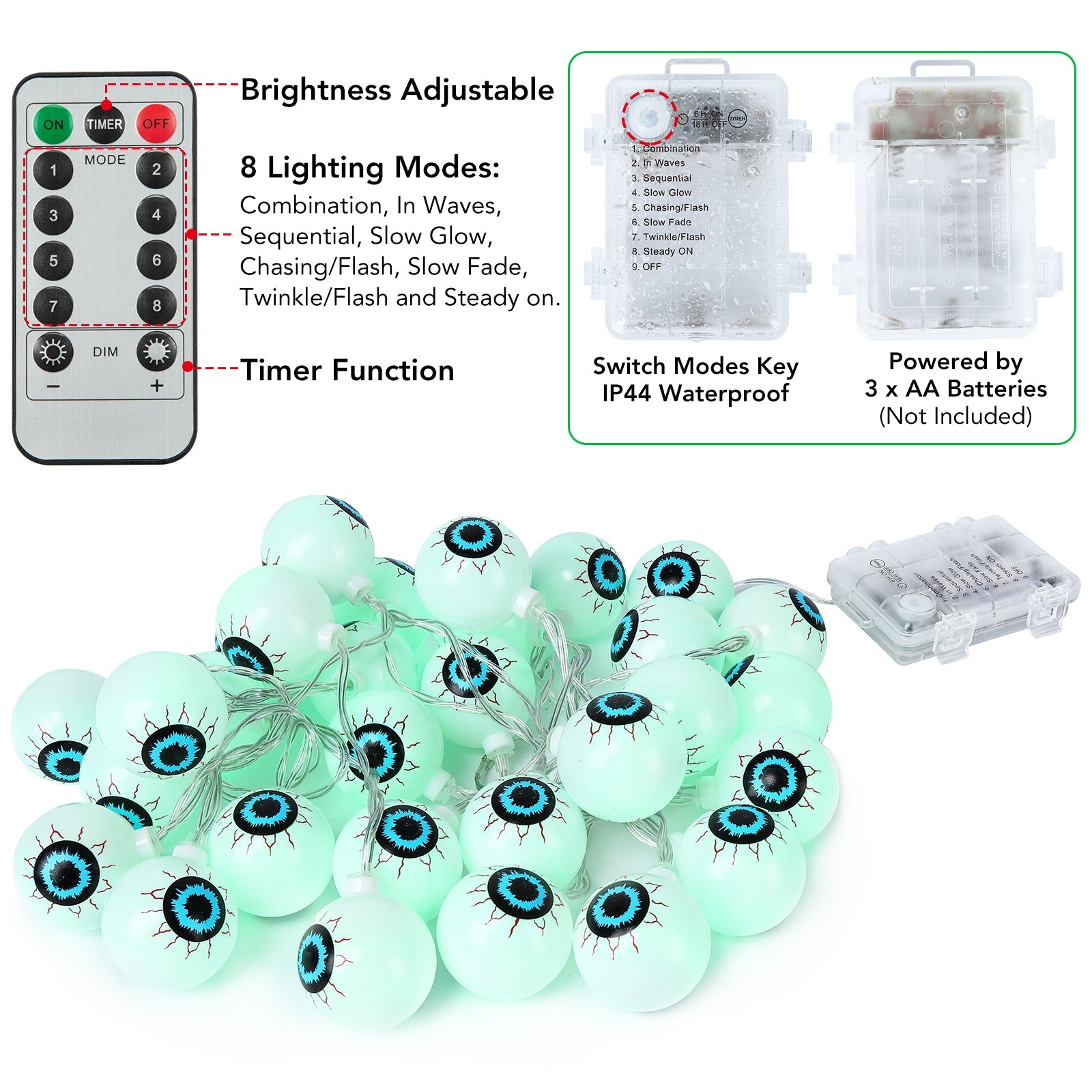 Garvee Luci di Halloween a forma di bulbo oculare verde 5 m 30 LED a batteria impermeabili con telecomando per feste al chiuso e all'aperto