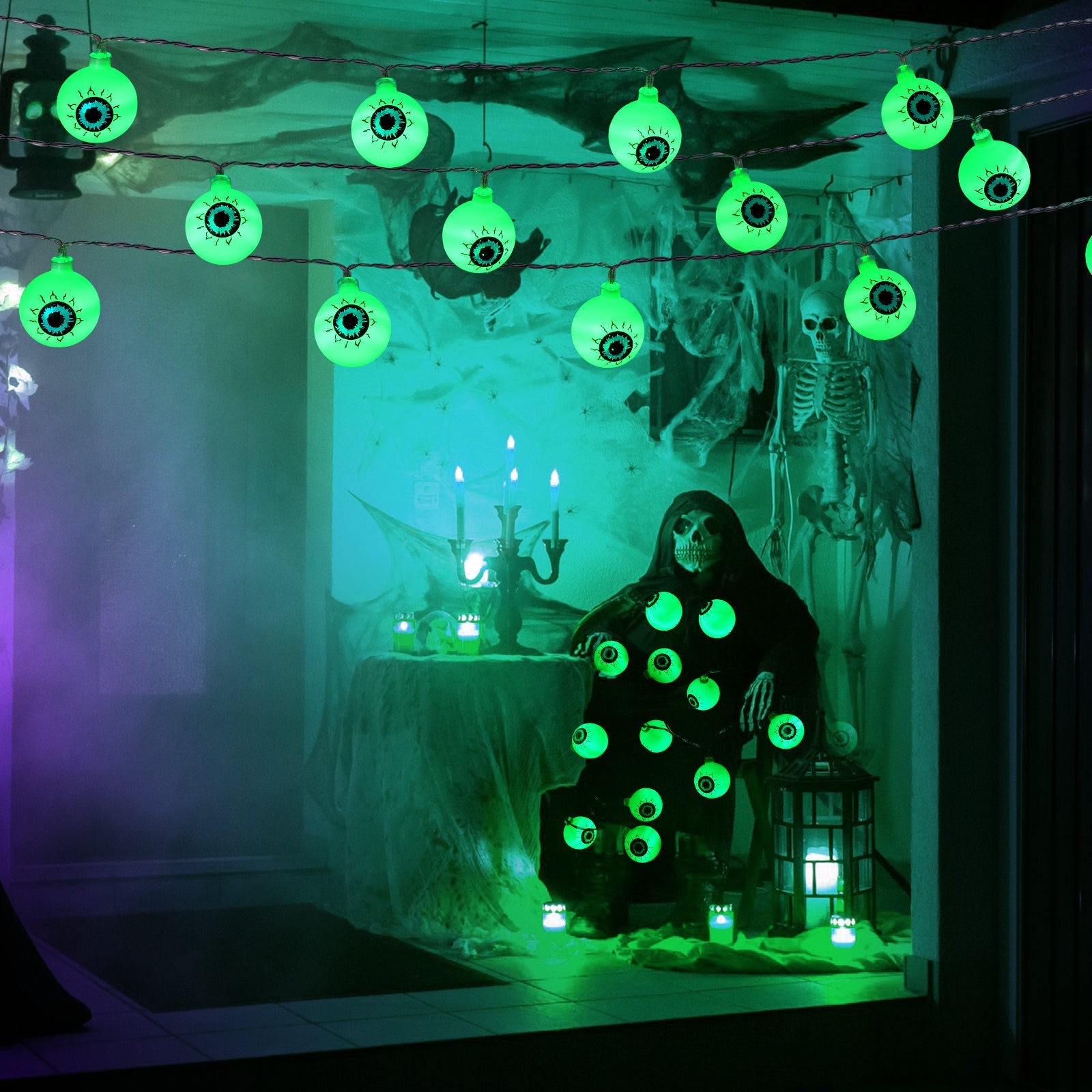 Garvee Luci di Halloween a forma di bulbo oculare verde 5 m 30 LED a batteria impermeabili con telecomando per feste al chiuso e all'aperto