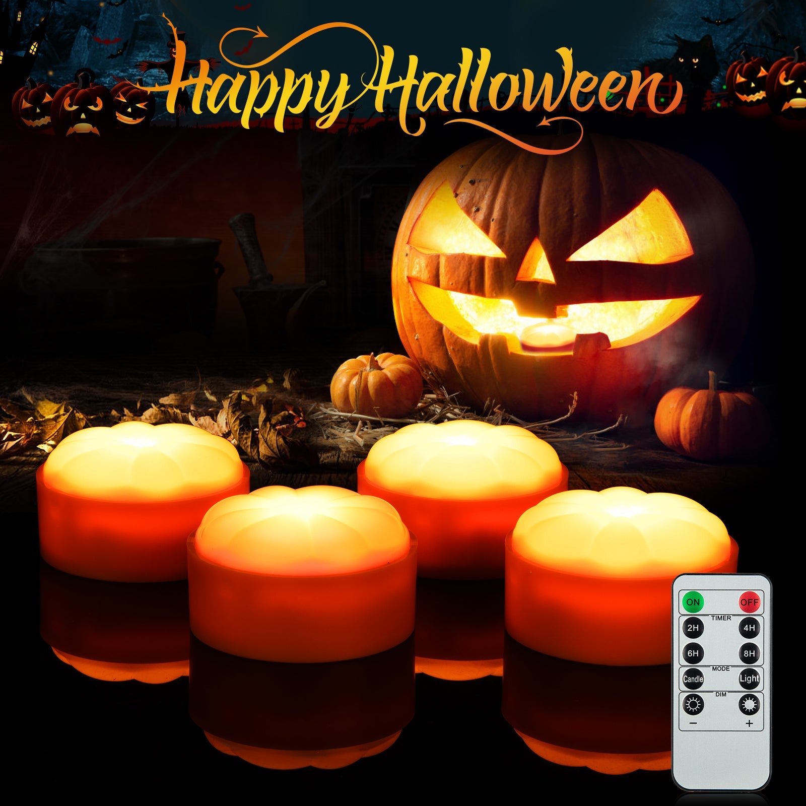 Garvee Halloween Pumpkin Lights LED Jack-O-Lantern Candele senza fiamma a batteria per esterni Bianco caldo Confezione da 4