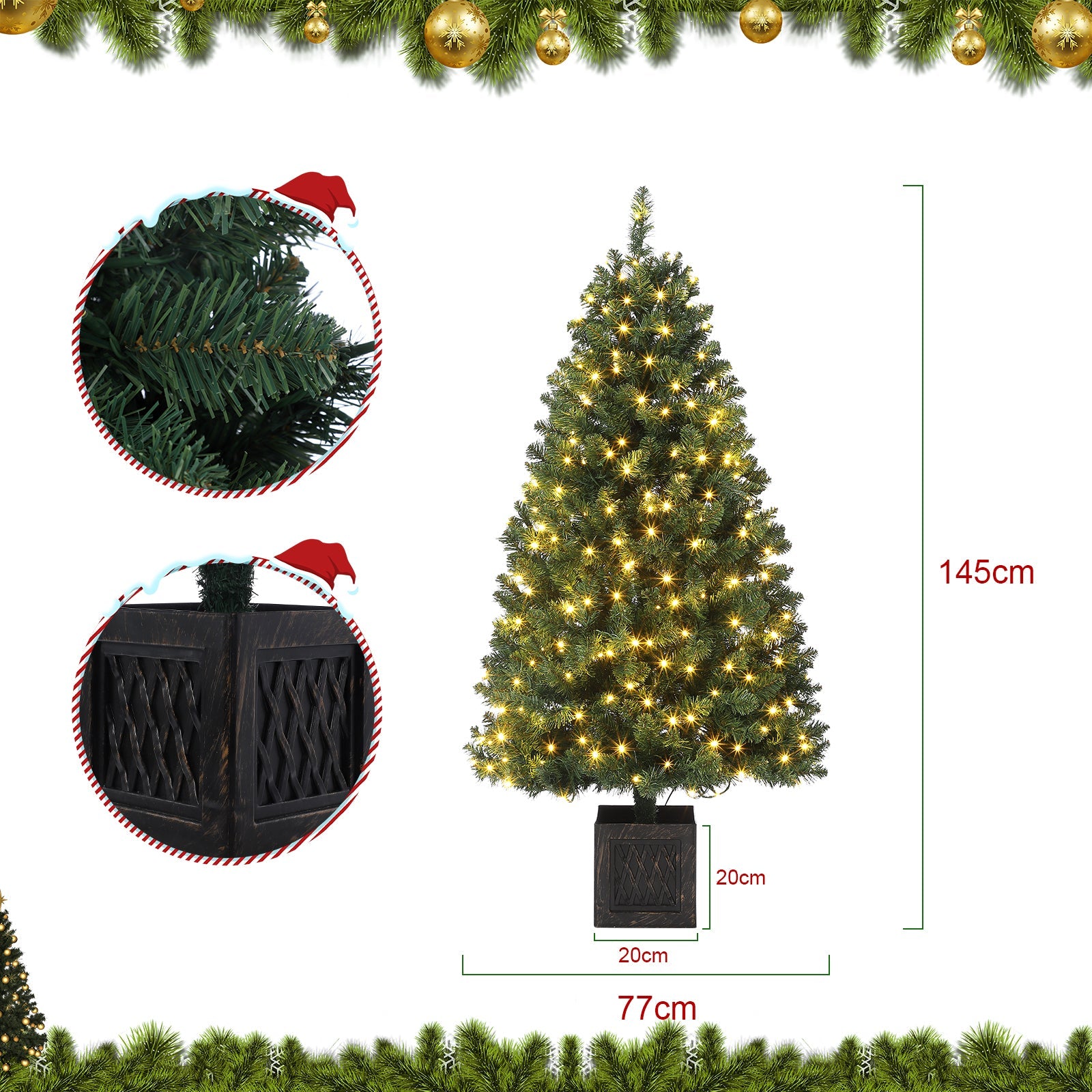 Garvee 145 cm Albero di Natale vintage in bambù con 300 LED bianchi caldi, spina UE 220-240 V per decorazioni natalizie tradizionali